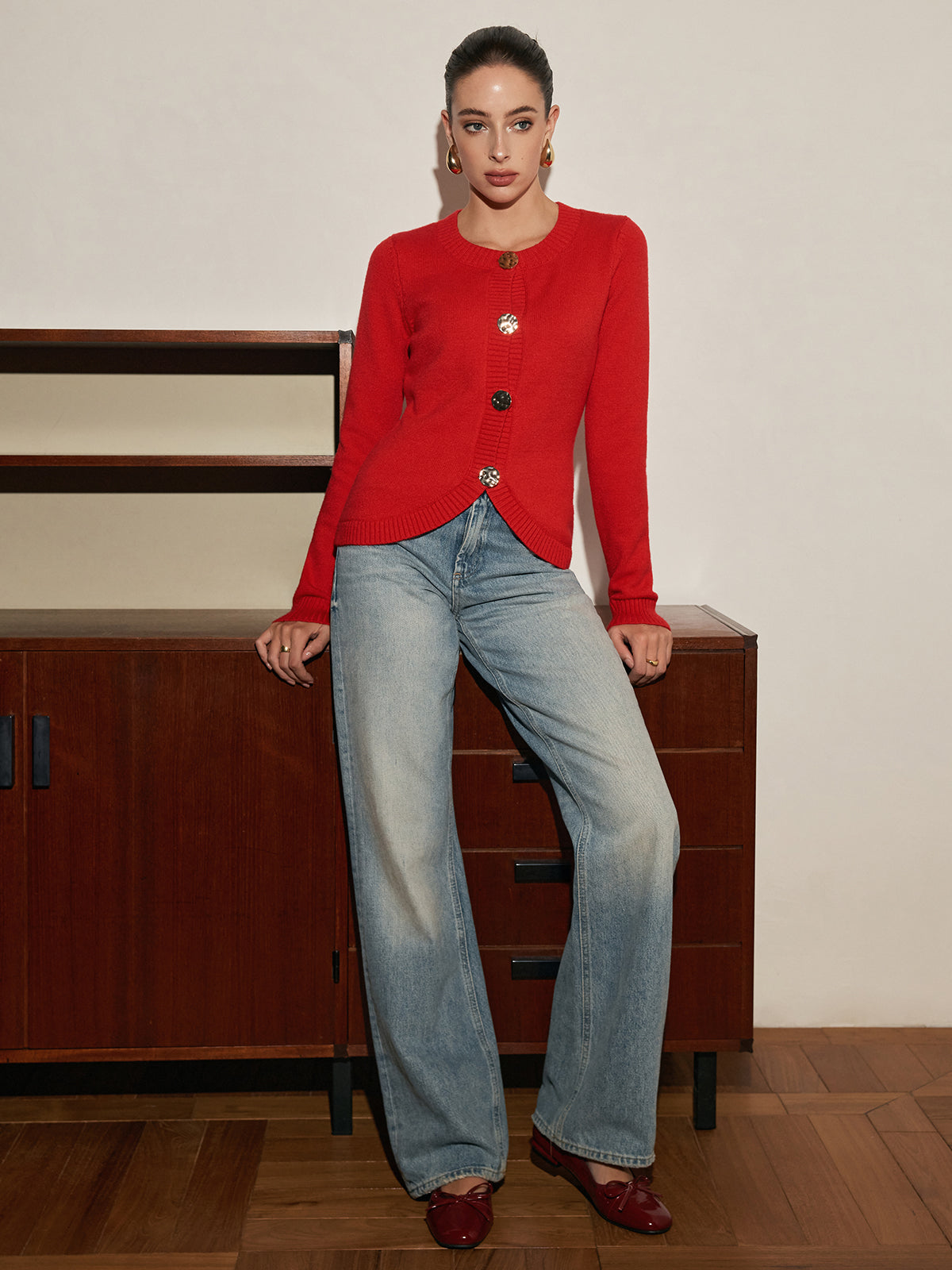 Elegant Metal Button Split Cardigan-Chicvia