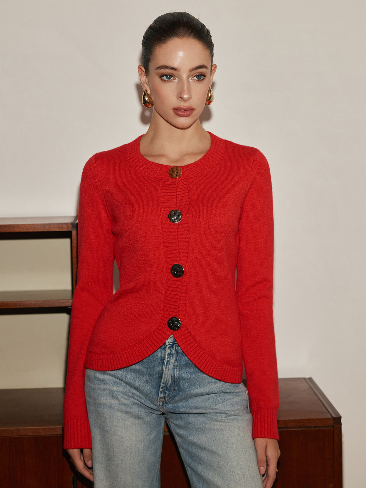 Elegant Metal Button Split Cardigan-Chicvia