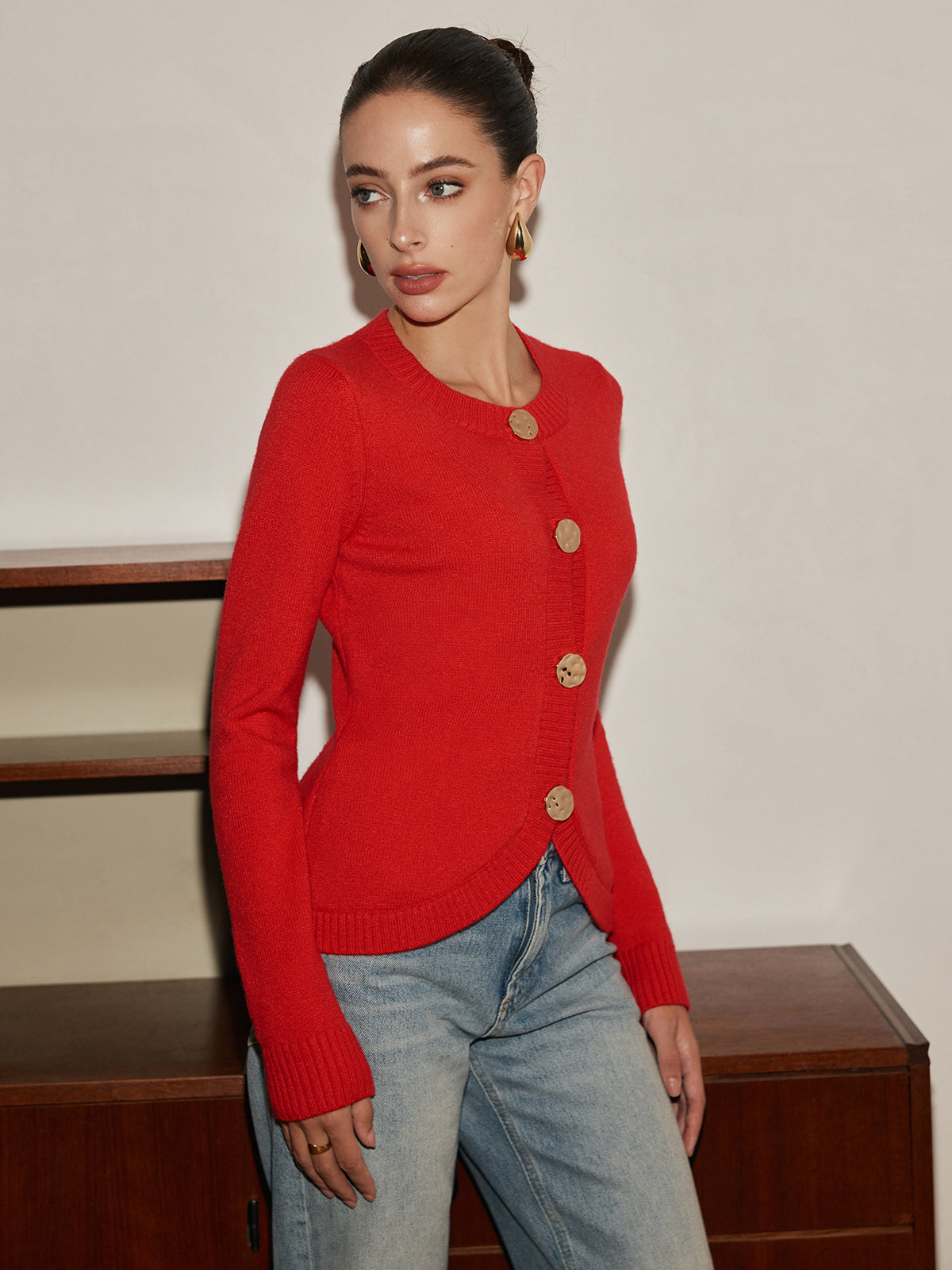 Elegant Metal Button Split Cardigan-Chicvia