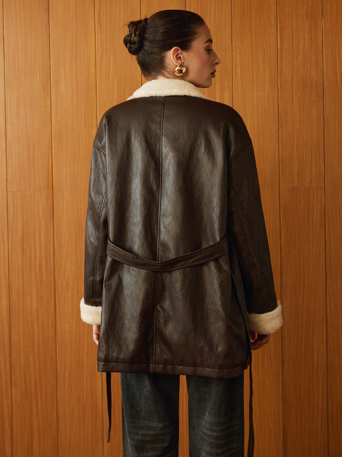 Fleecing PU Leather Belted Jacket-Chicvia