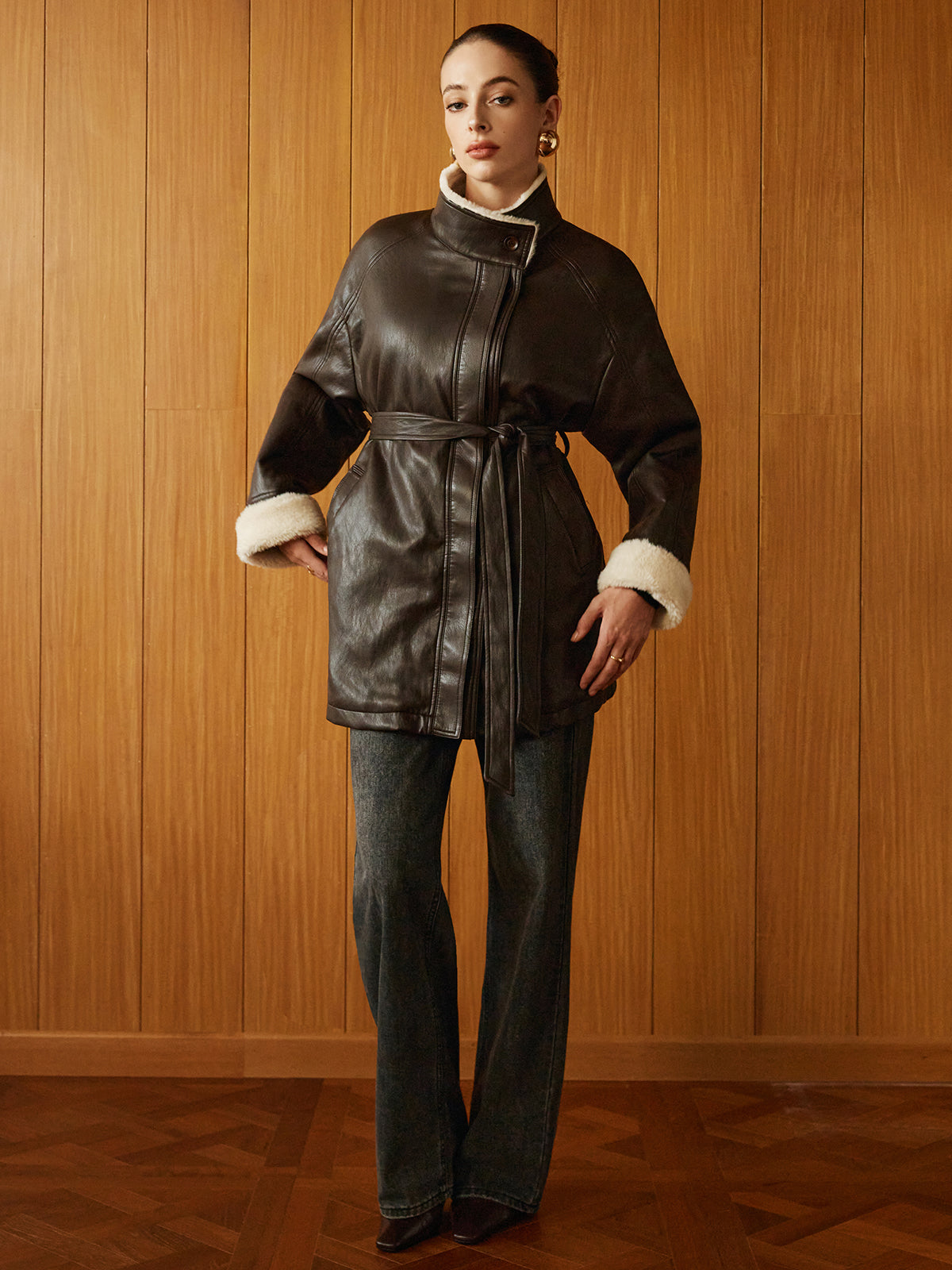 Fleecing PU Leather Belted Jacket-Chicvia