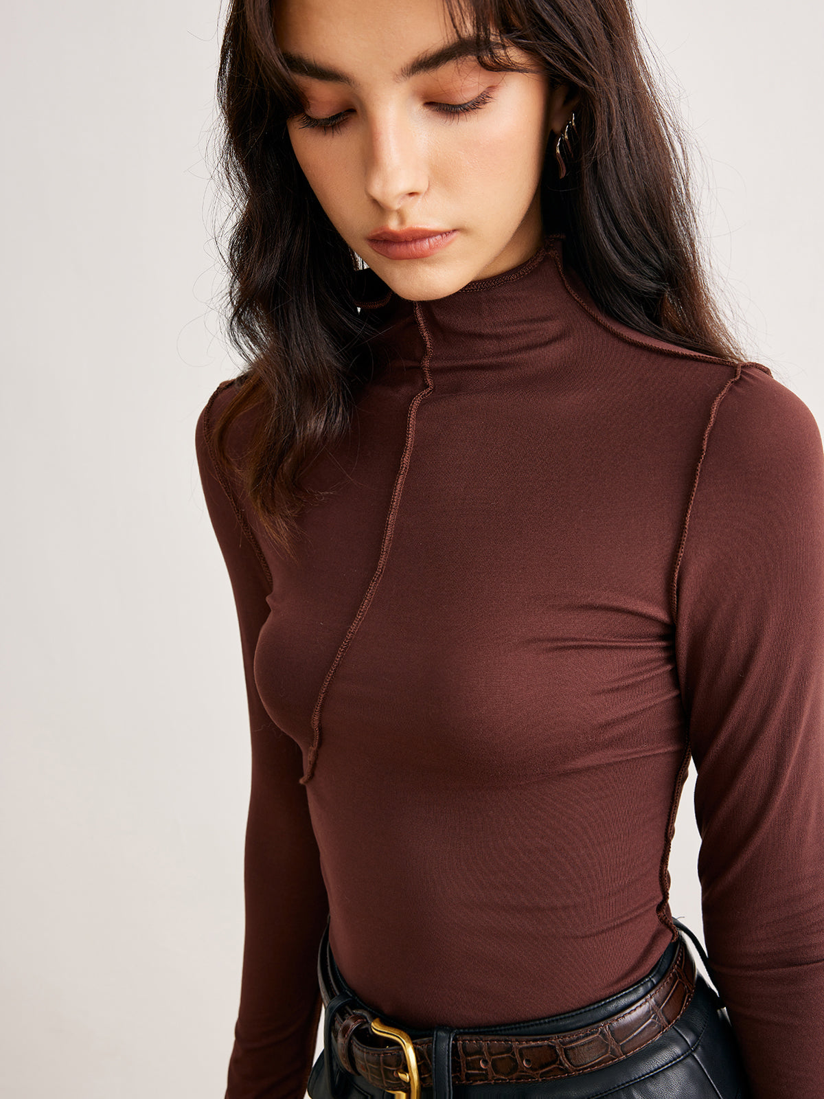 Mock Neck Piping Slim Jersey Top-Chicvia