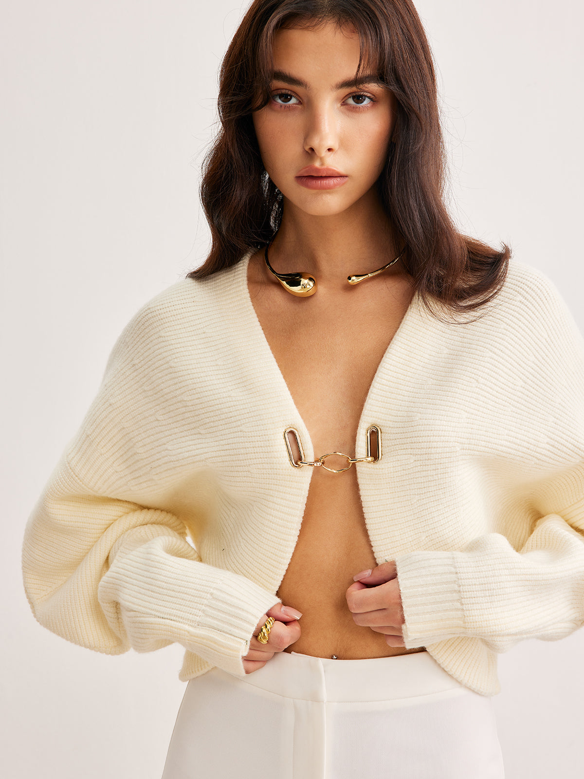 Leg-Of-Mutton Sleeve Metal Cardigan-Chicvia