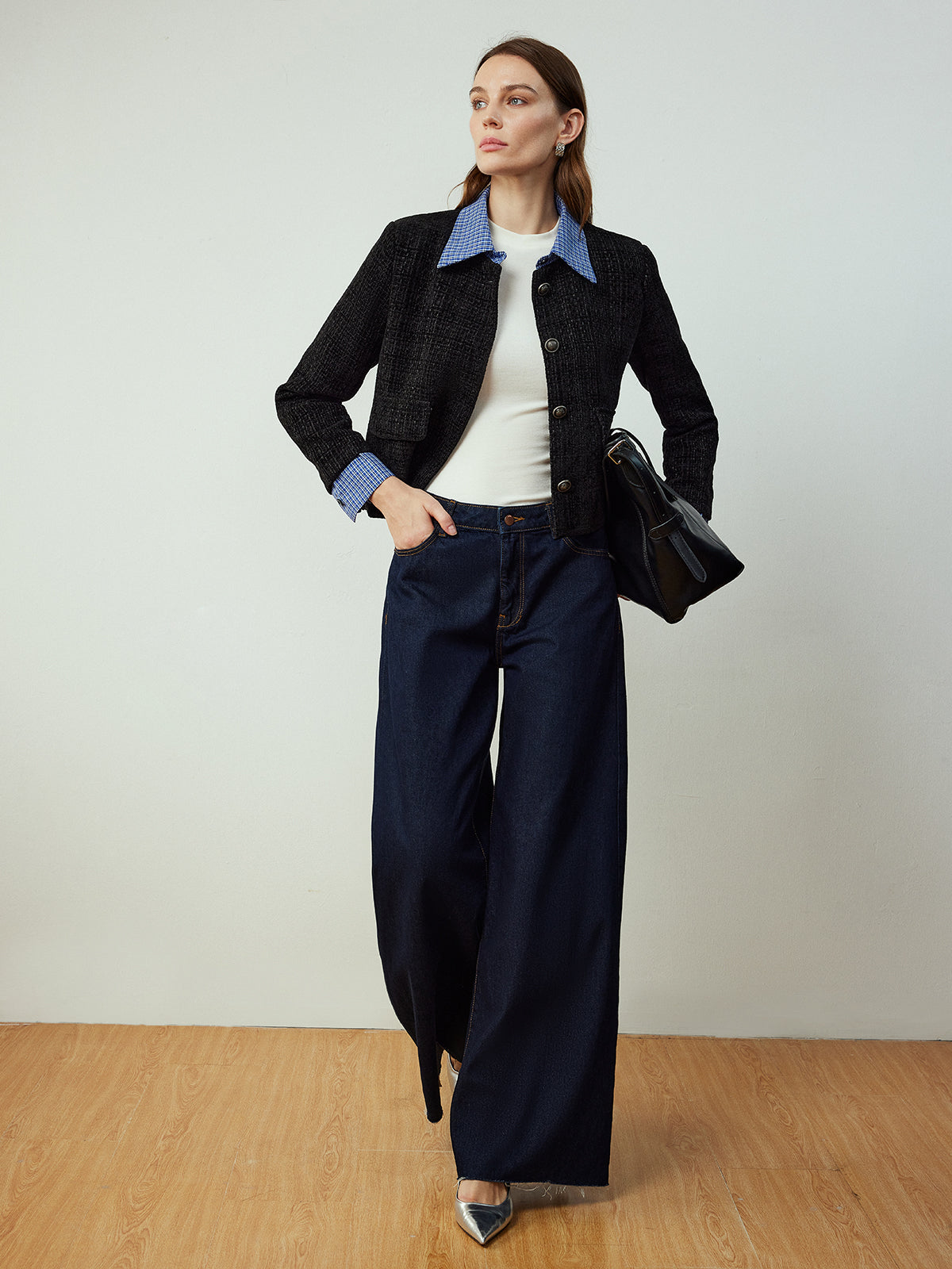 Plaid-Collar Short Jacket-Chicvia