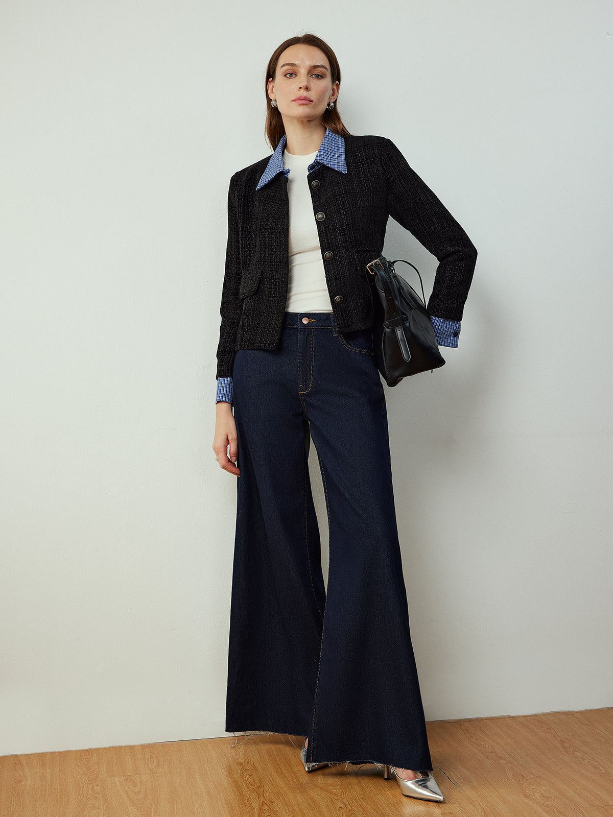 Plaid-Collar Short Jacket-Chicvia