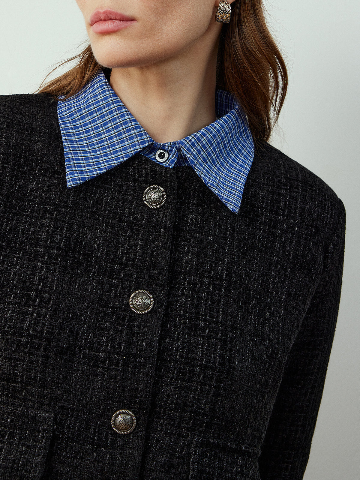 Plaid-Collar Short Jacket-Chicvia
