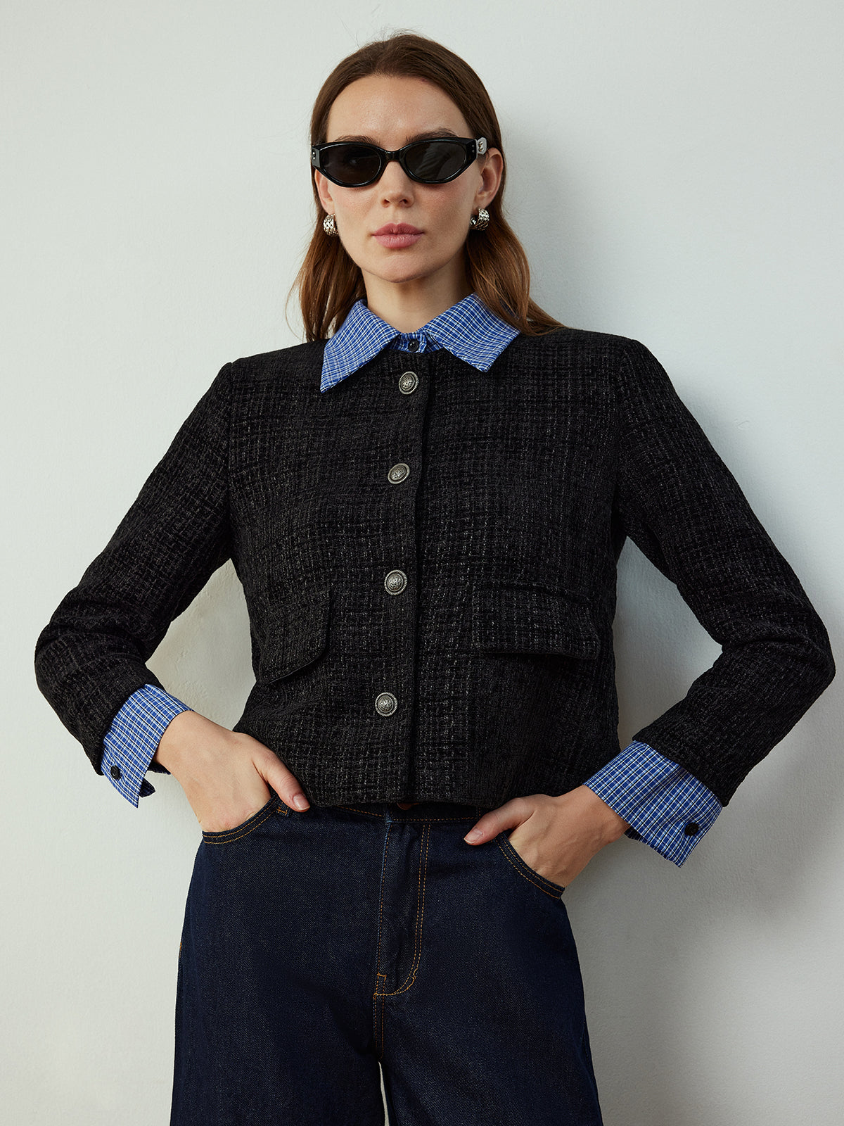 Plaid-Collar Short Jacket-Chicvia