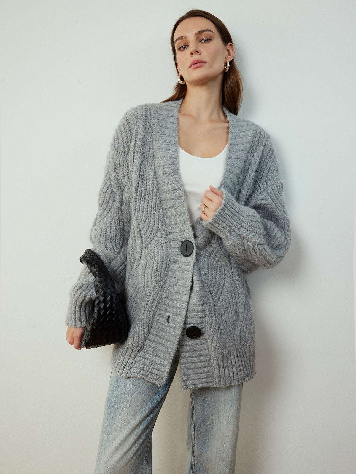 Cable-Knit Button Cardigan-Chicvia
