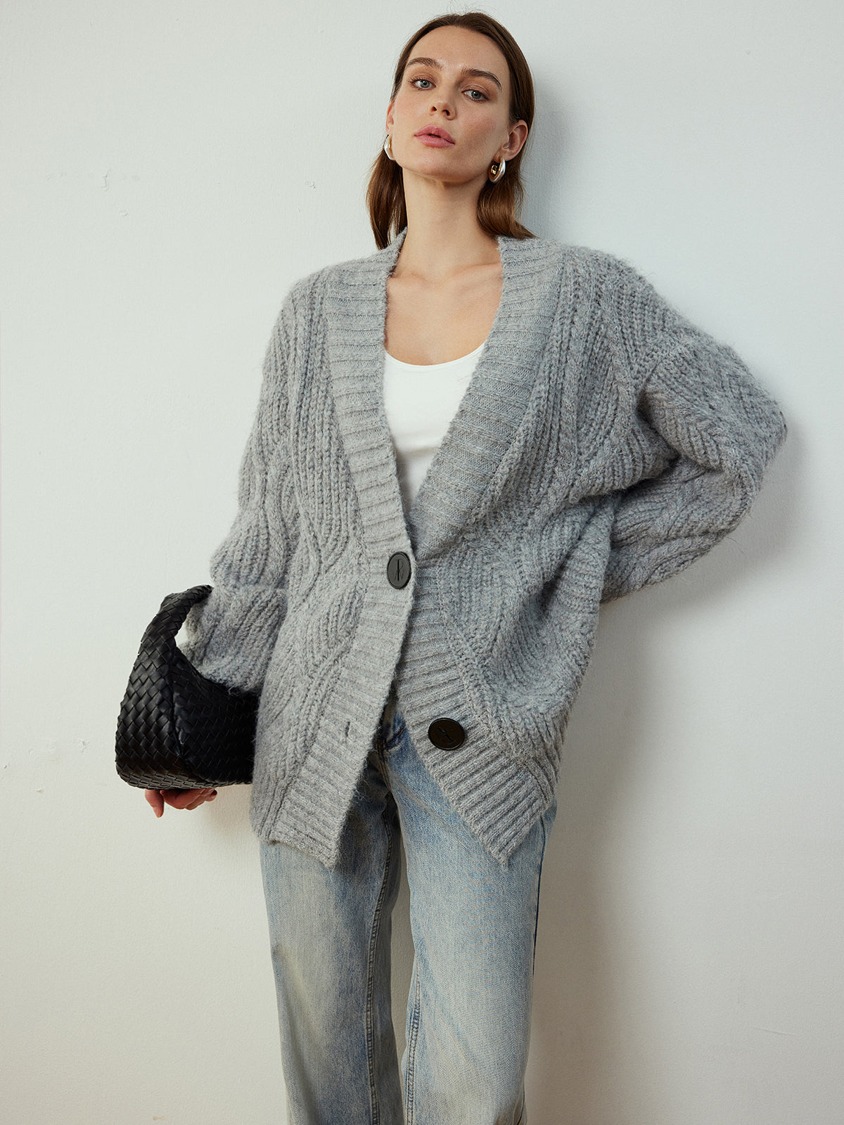 Cable-Knit Button Cardigan-Chicvia
