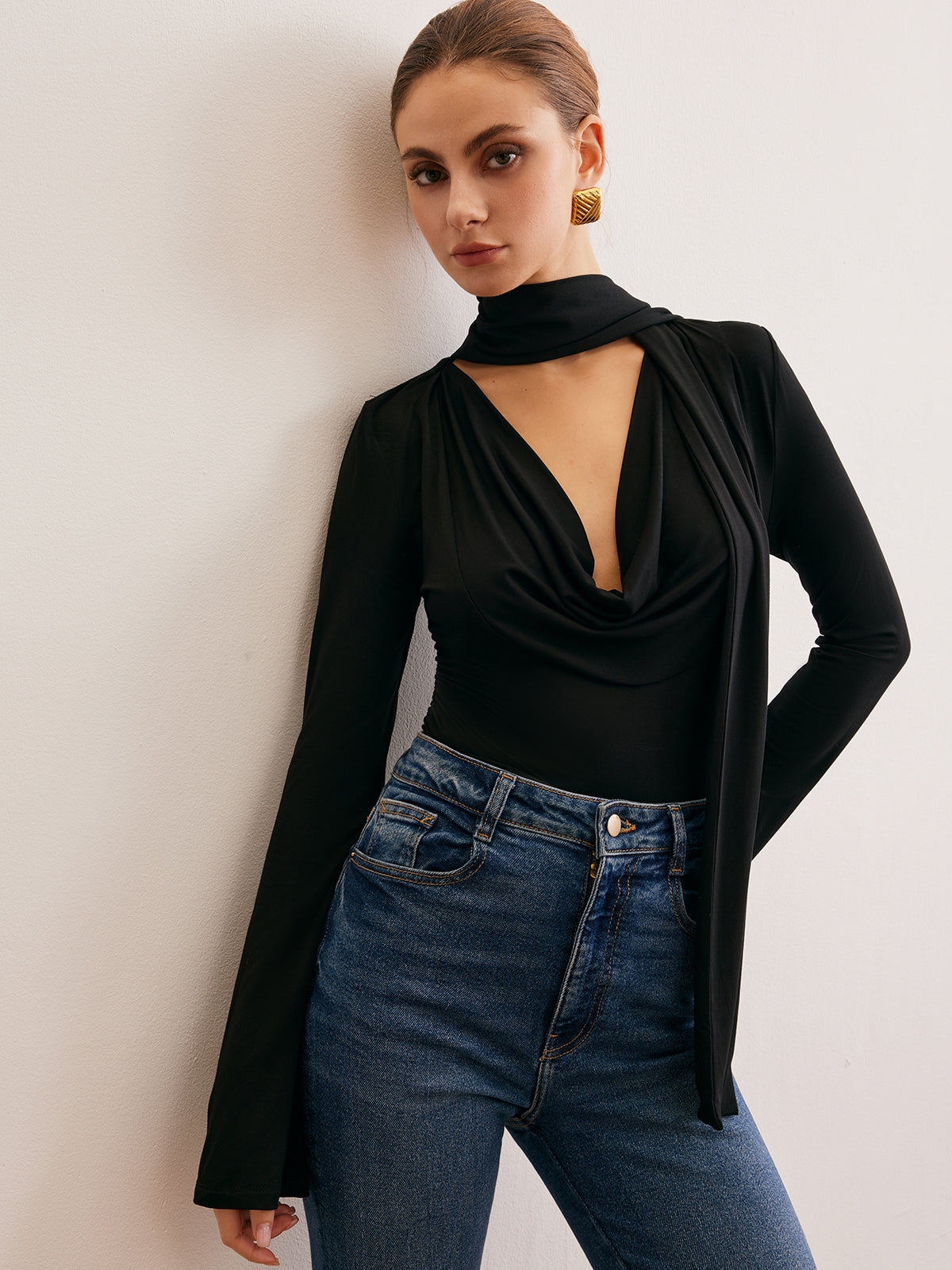 Cowl Neck Ribbon T-Shirt-Chicvia