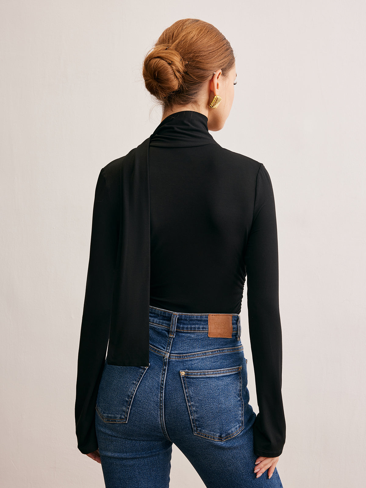 Cowl Neck Ribbon T-Shirt-Chicvia