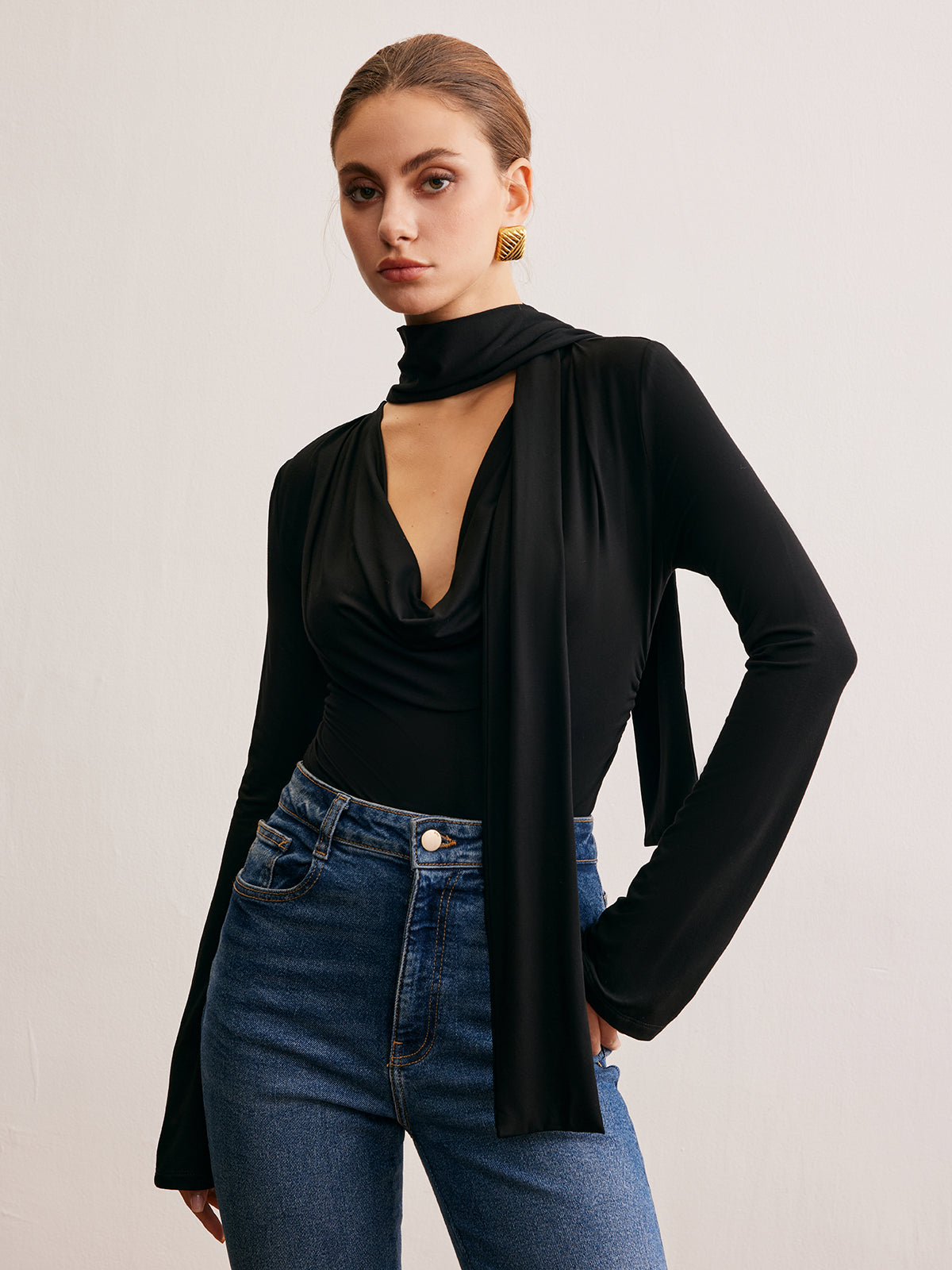 Cowl Neck Ribbon T-Shirt-Chicvia