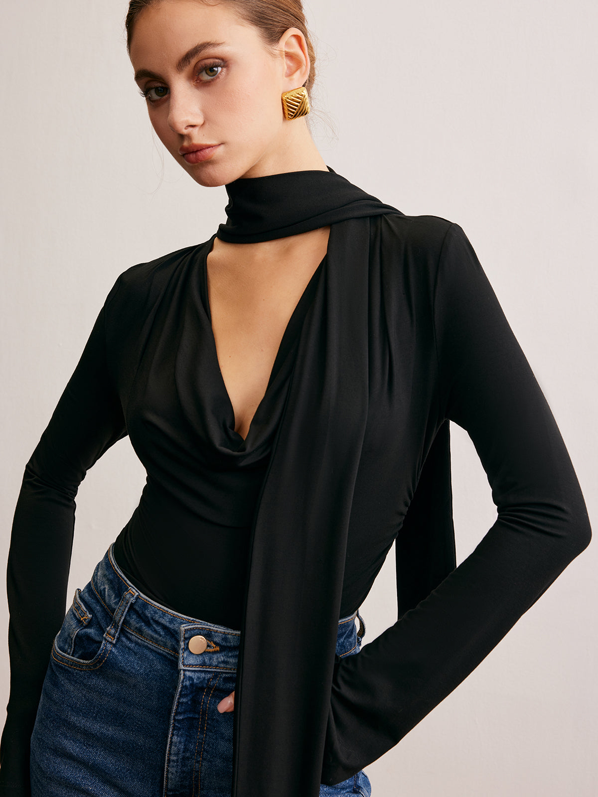 Cowl Neck Ribbon T-Shirt-Chicvia