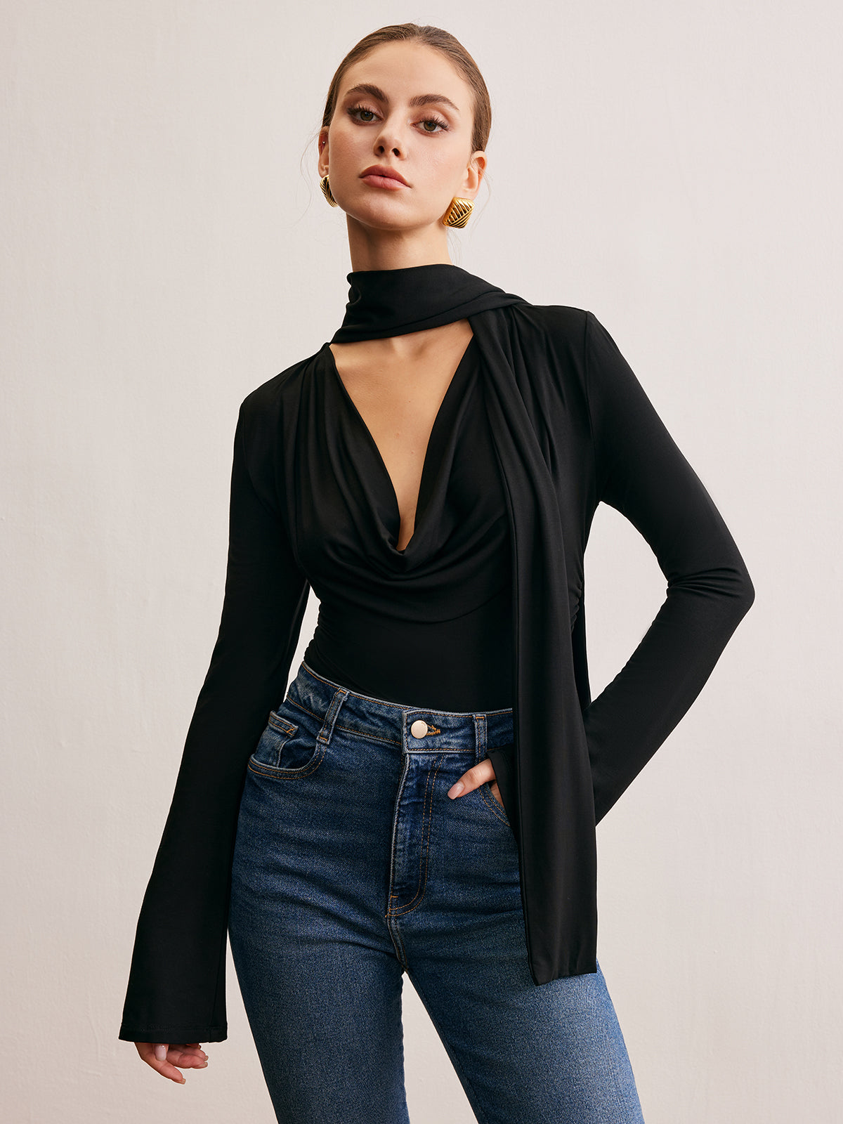 Cowl Neck Ribbon T-Shirt-Chicvia