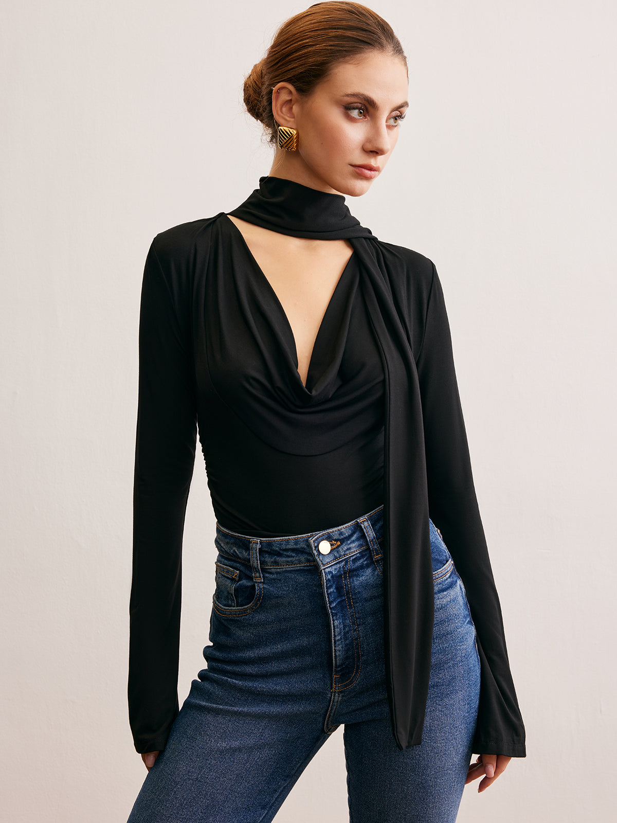 Cowl Neck Ribbon T-Shirt-Chicvia