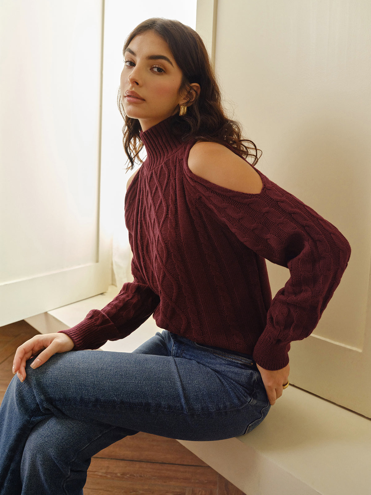 Mock Neck Cold-Shoulder Knit Top-Chicvia