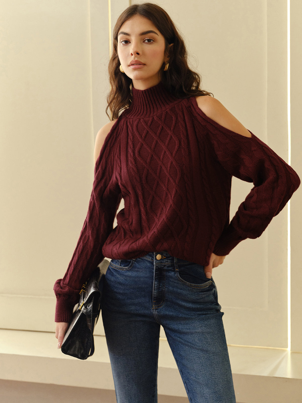Mock Neck Cold-Shoulder Knit Top-Chicvia