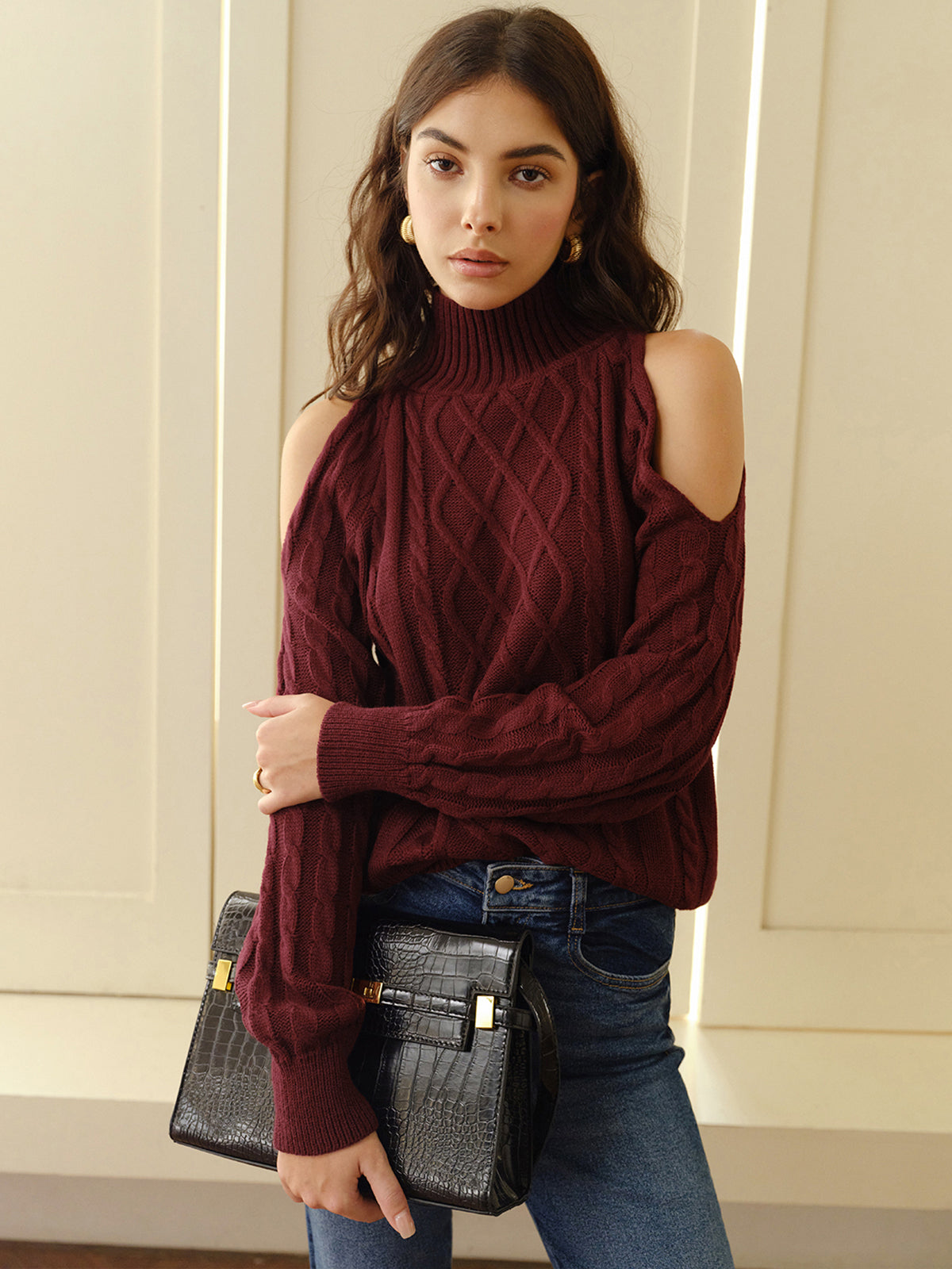 Mock Neck Cold-Shoulder Knit Top-Chicvia