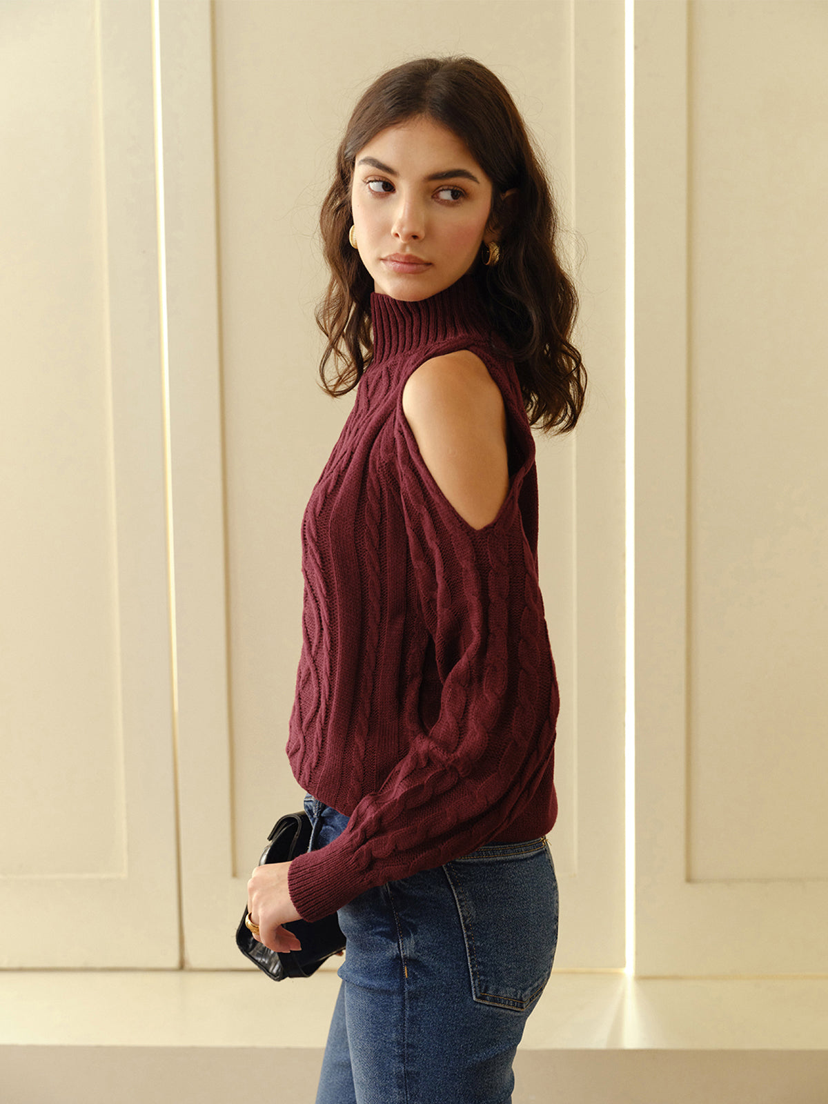 Mock Neck Cold-Shoulder Knit Top-Chicvia