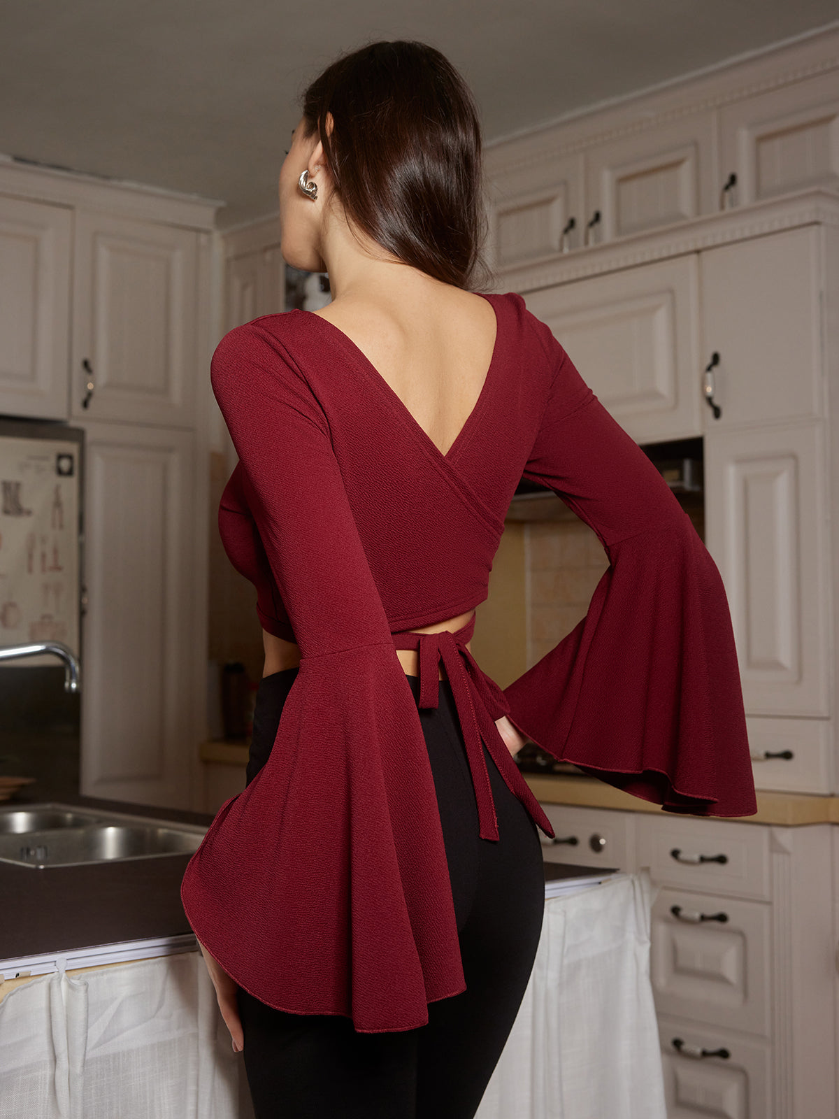 Crop Ruffle Tie T-Shirt-Chicvia