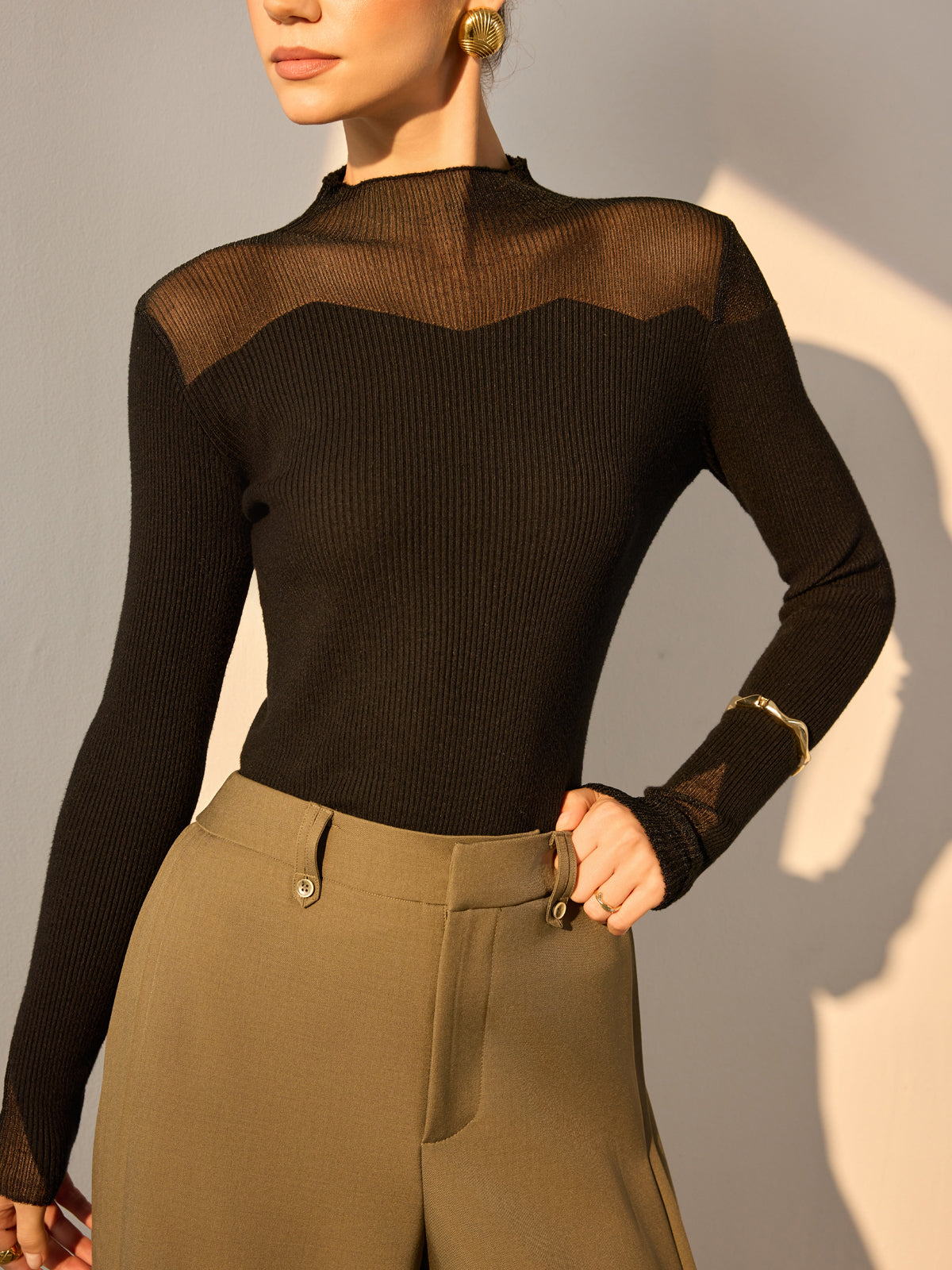 Mock Neck Mesh Panel Slim Sweater-Chicvia