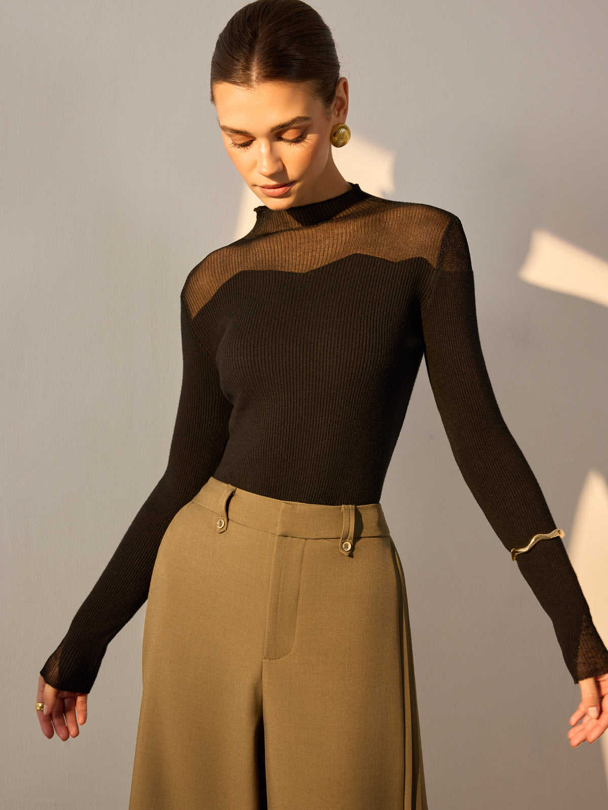 Mock Neck Mesh Panel Slim Sweater-Chicvia