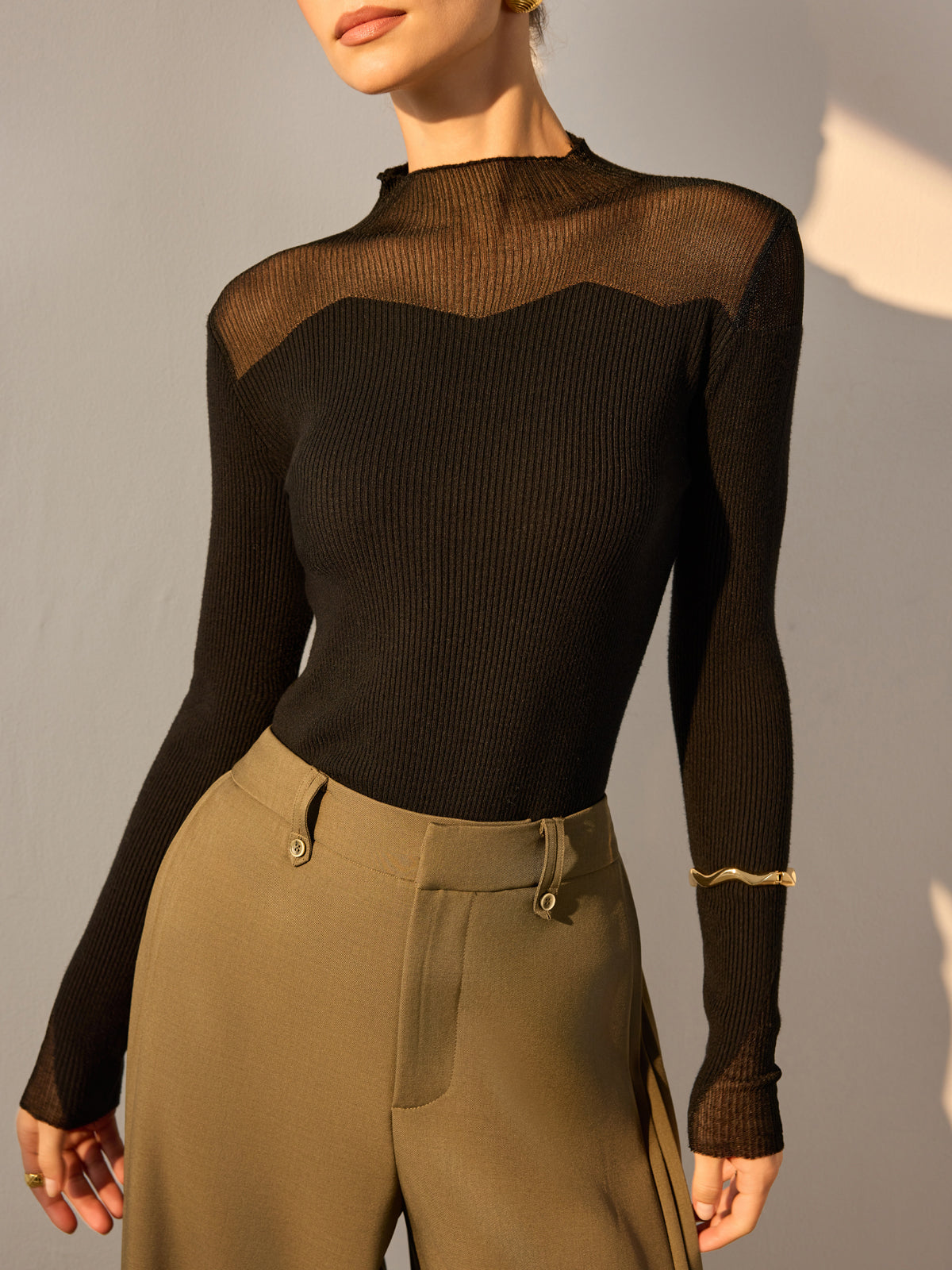 Mock Neck Mesh Panel Slim Sweater-Chicvia