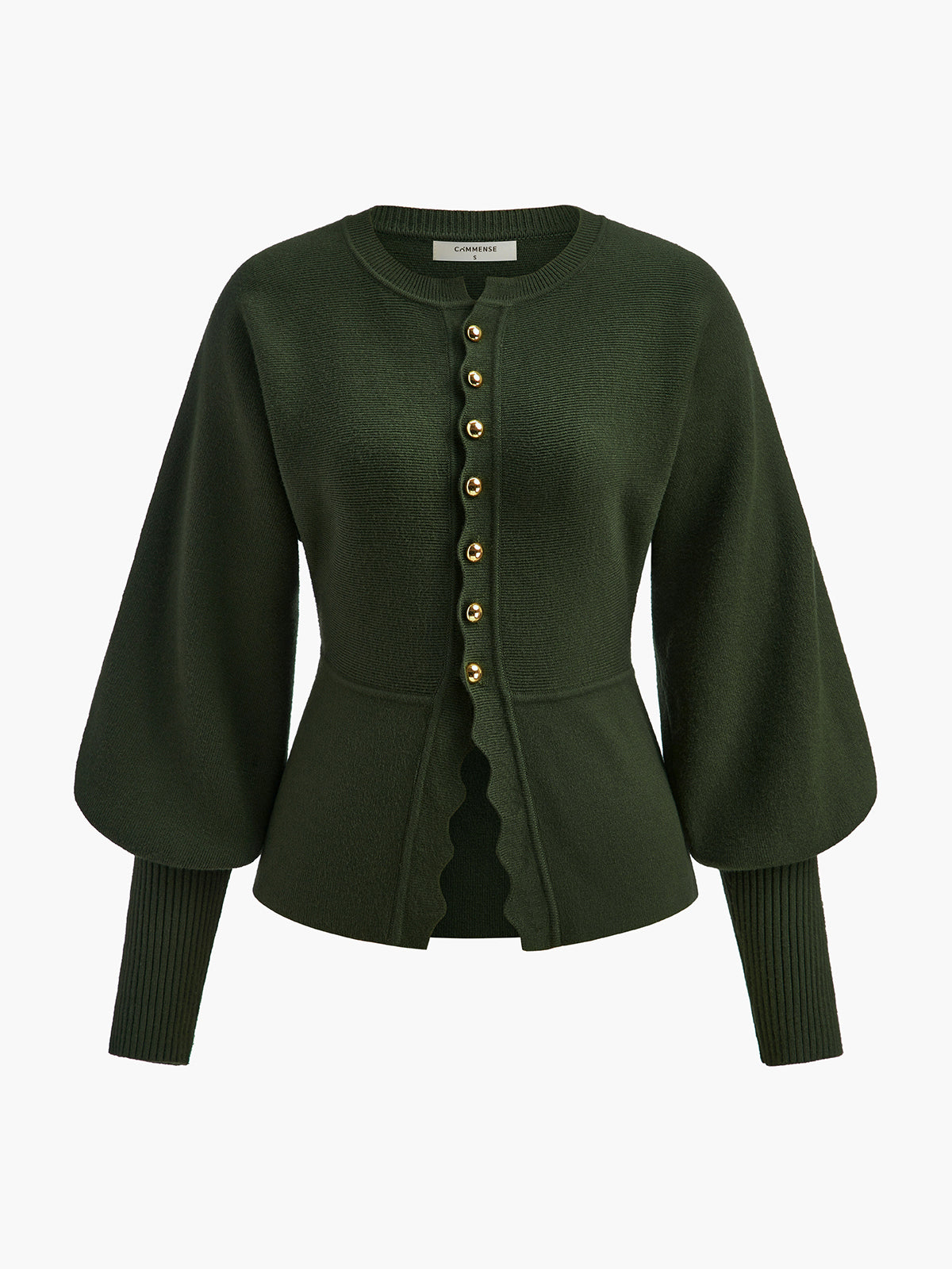 Leg-Of Mutton Sleeve Wave Trim Knit Top-Chicvia