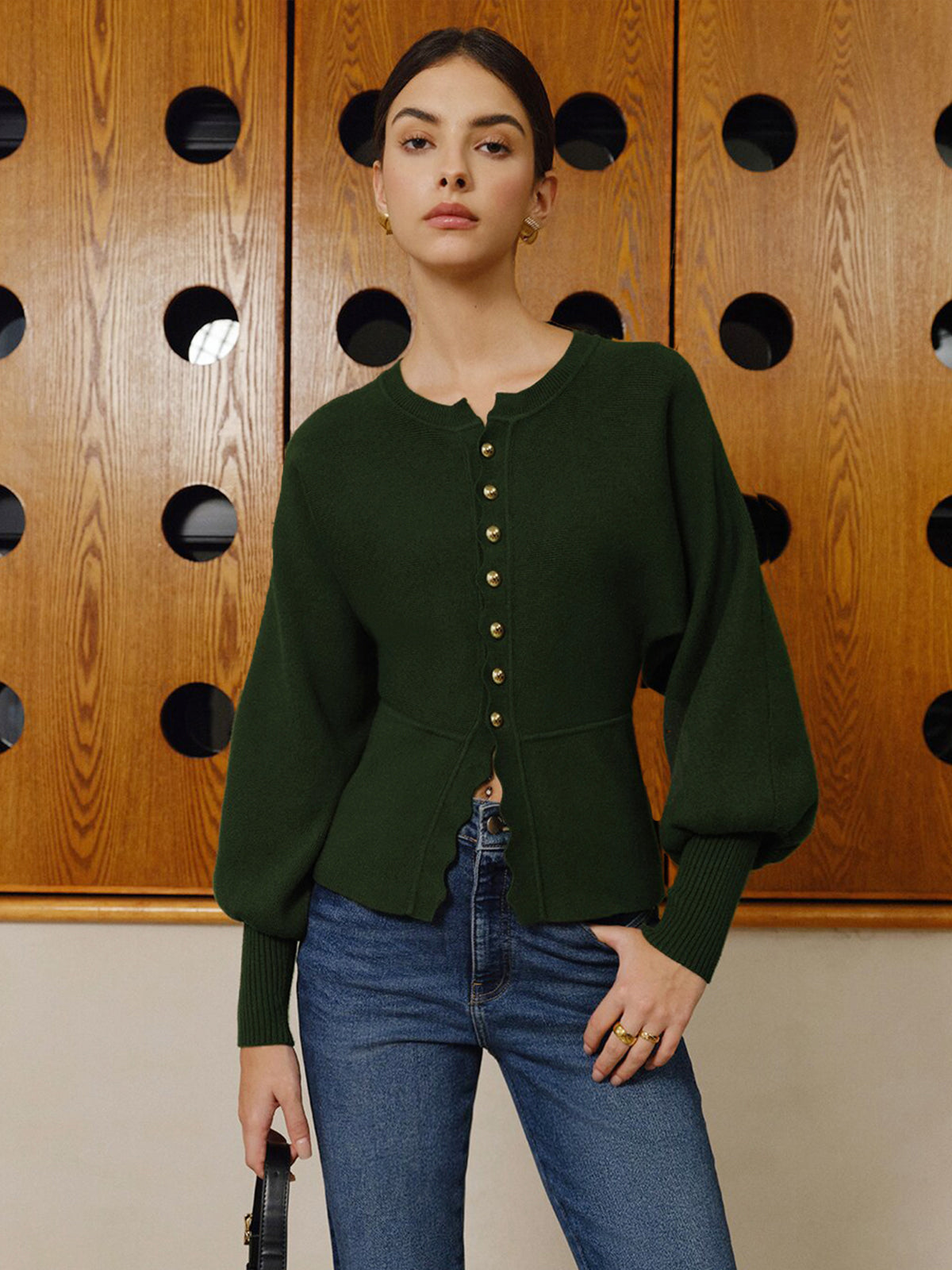 Leg-Of Mutton Sleeve Wave Trim Knit Top-Chicvia