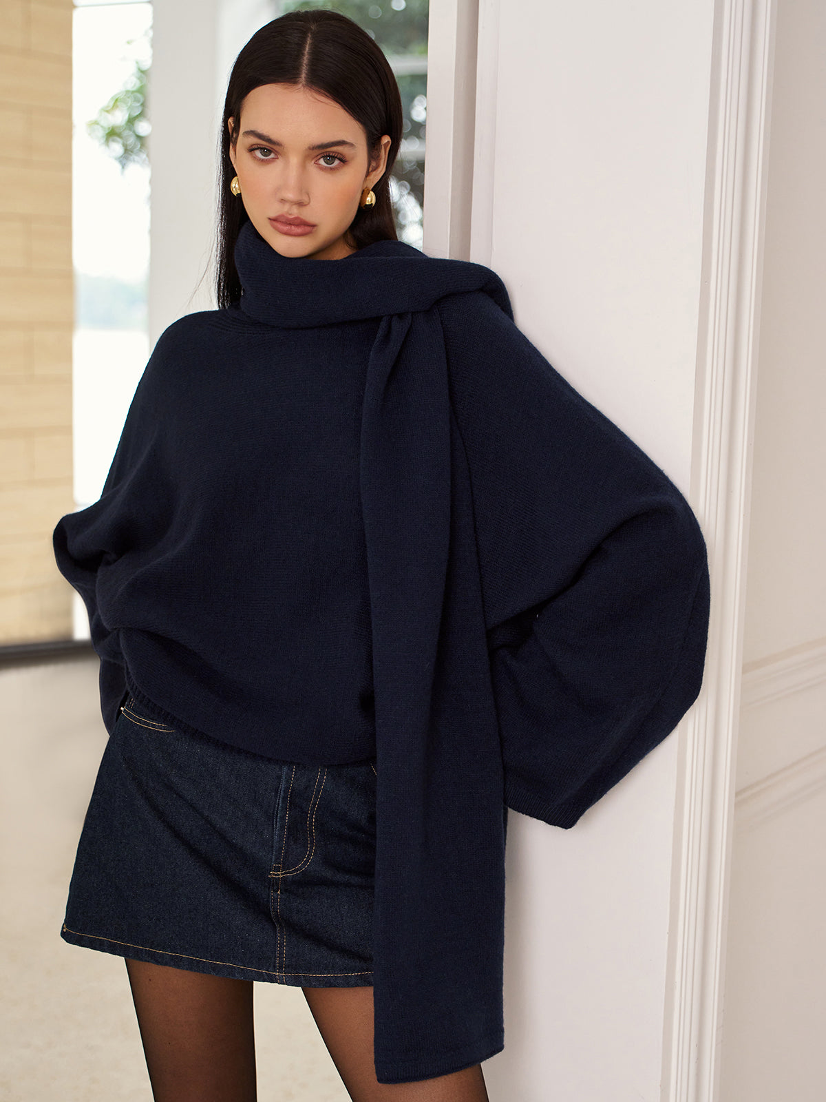 Plain Sweater With Scarf-Chicvia