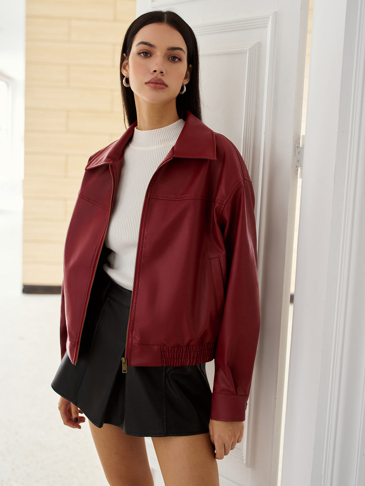 Faux Leather Zip Polo Jacket-Chicvia