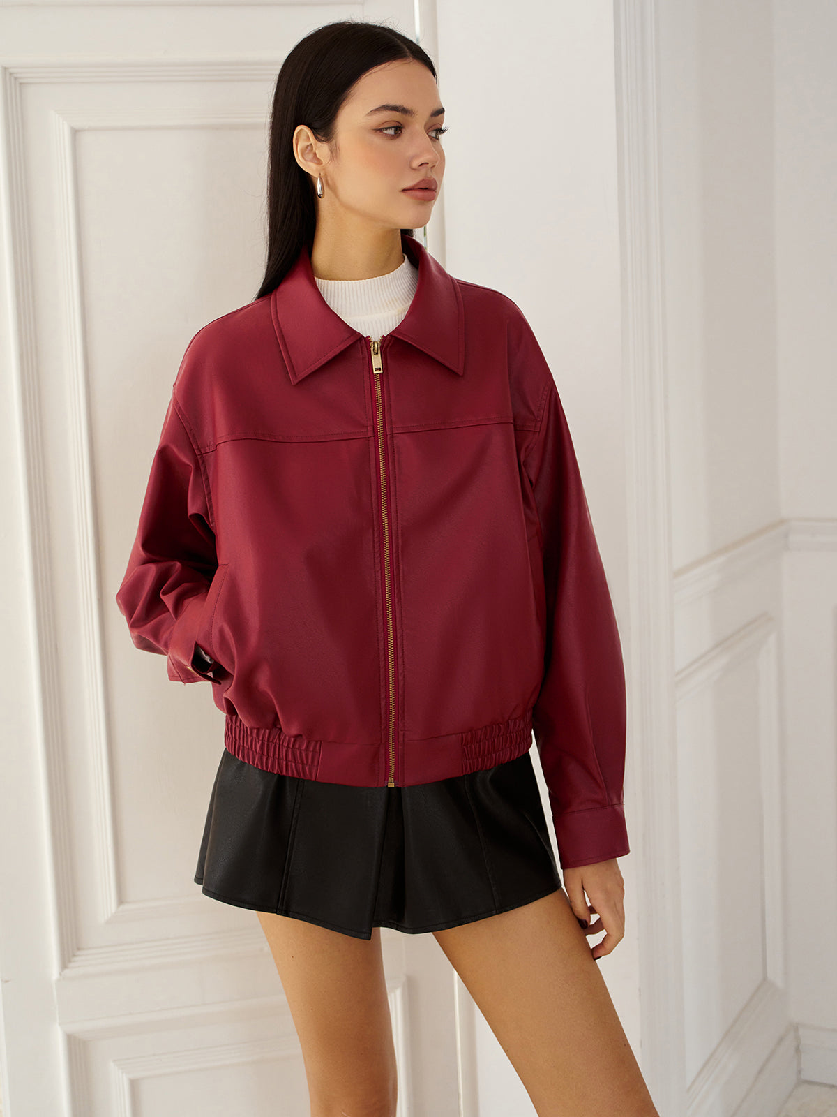 Faux Leather Zip Polo Jacket-Chicvia