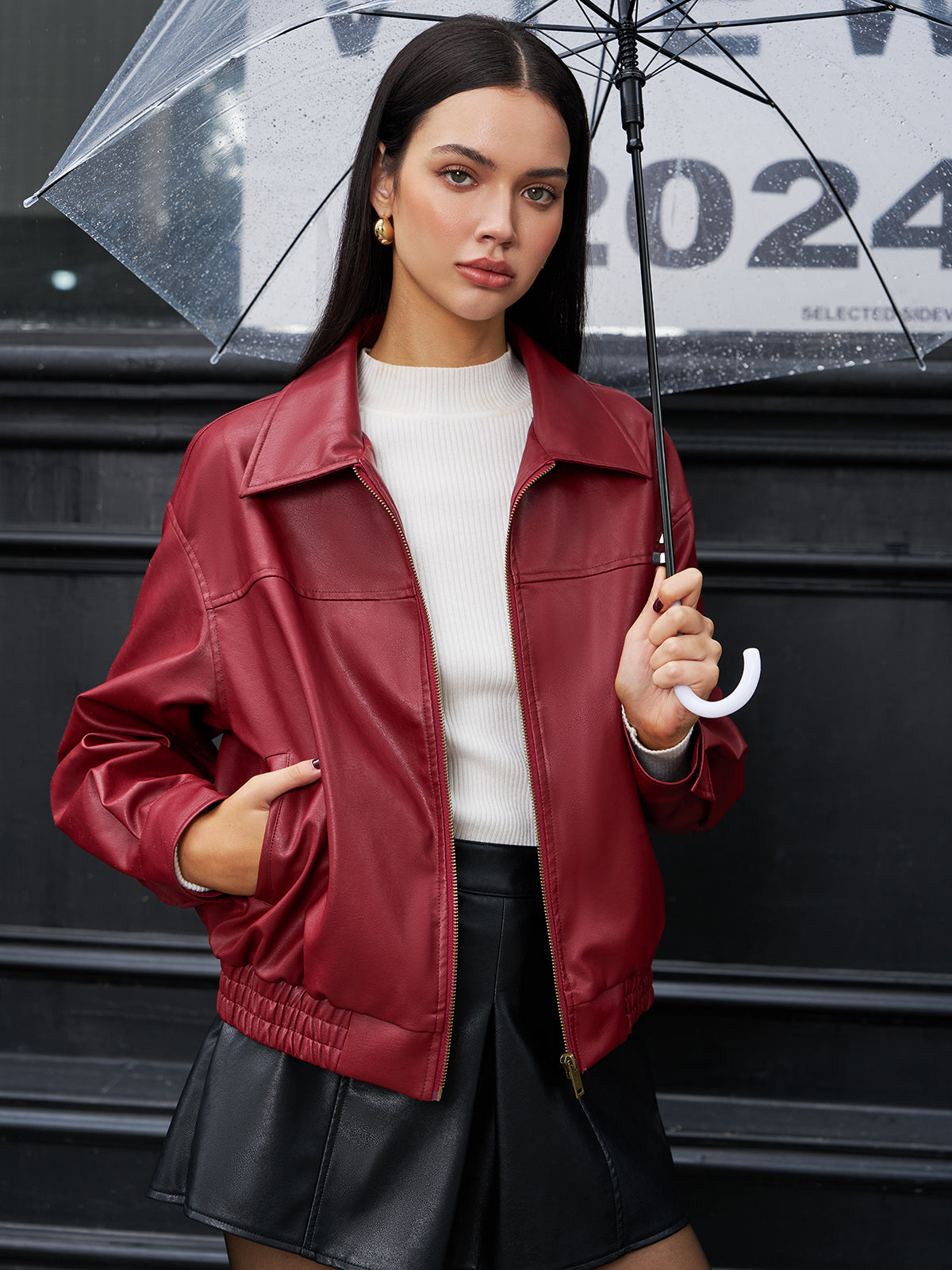 Faux Leather Zip Polo Jacket-Chicvia