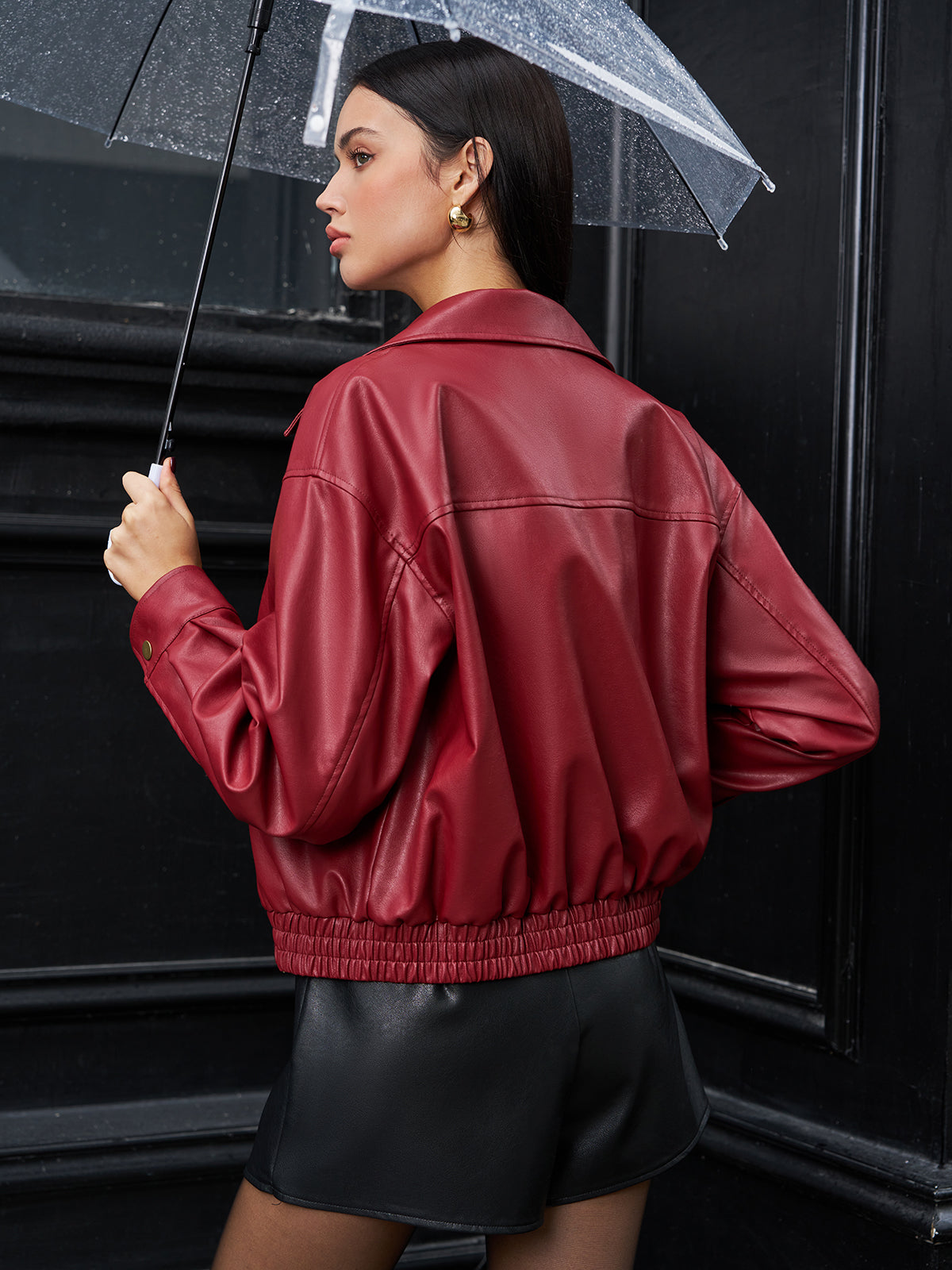 Faux Leather Zip Polo Jacket-Chicvia