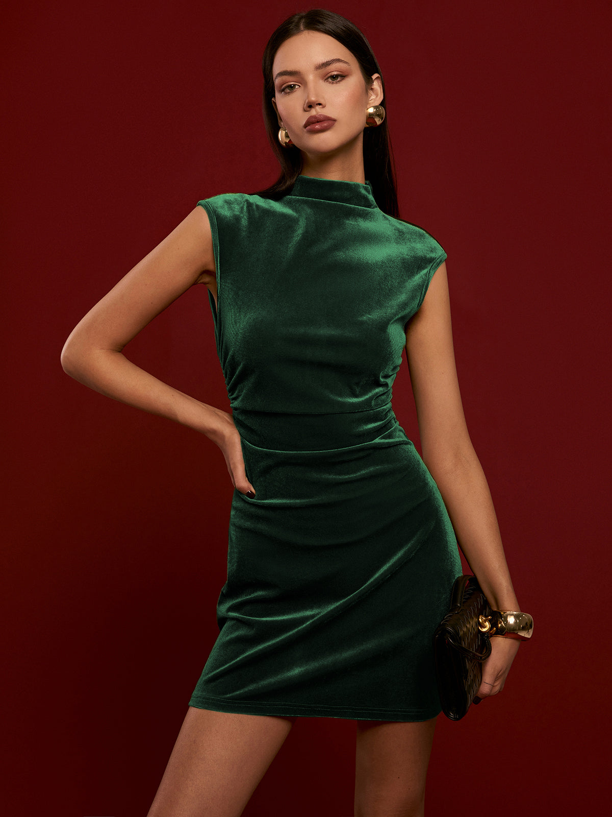 Mock Neck Sleeveless Velvet Dress-Chicvia