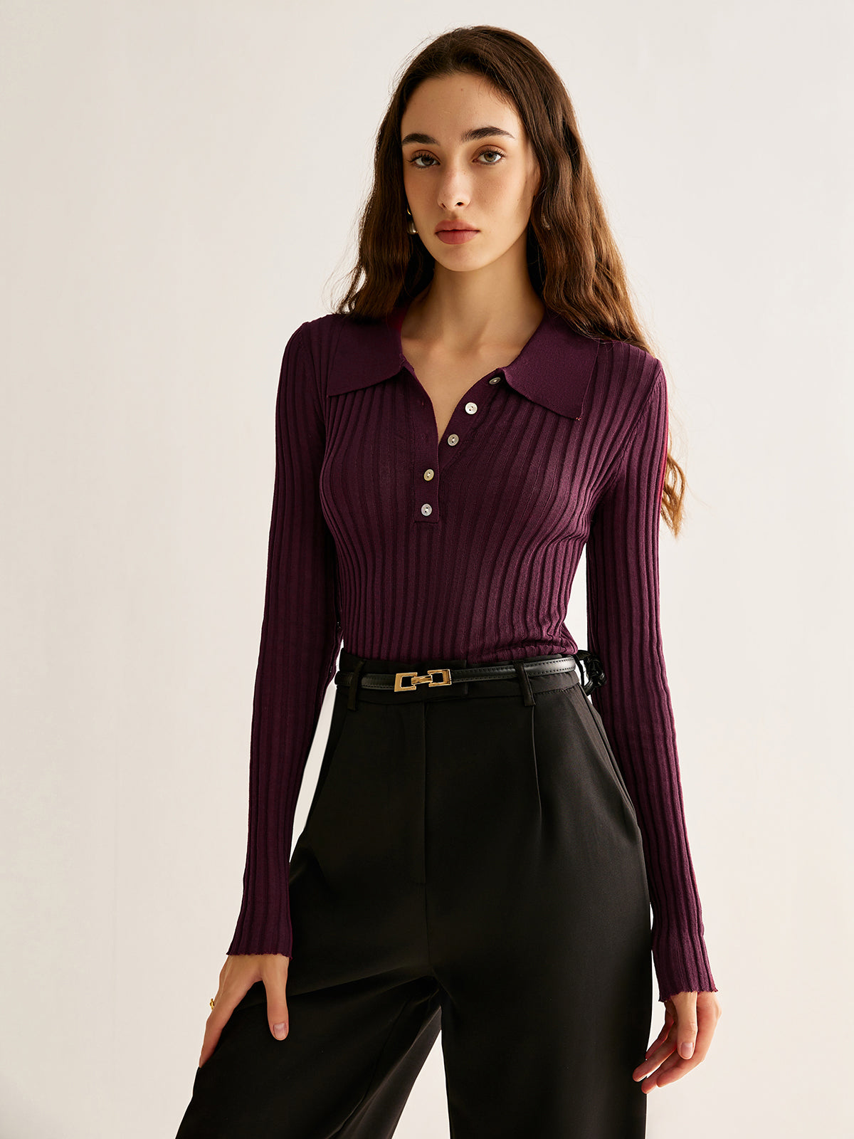 High Stretch Lapel Knit Top-Chicvia