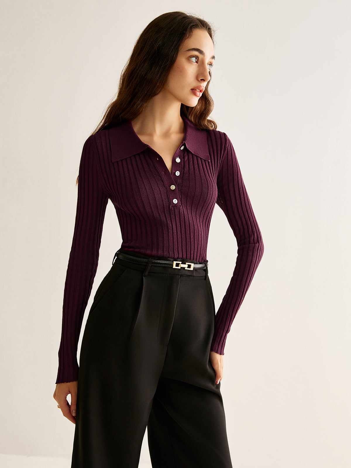 High Stretch Lapel Knit Top-Chicvia