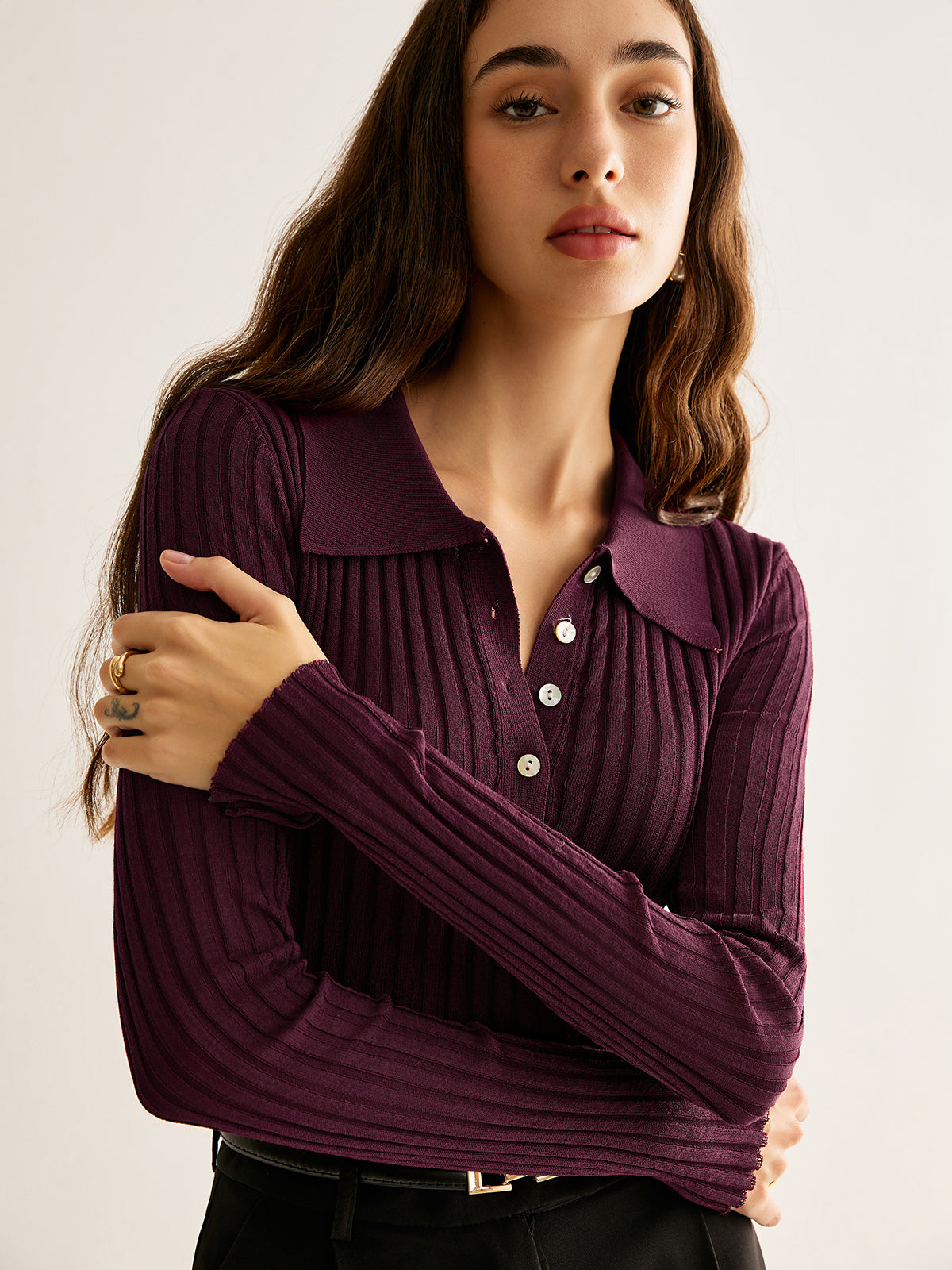 High Stretch Lapel Knit Top-Chicvia