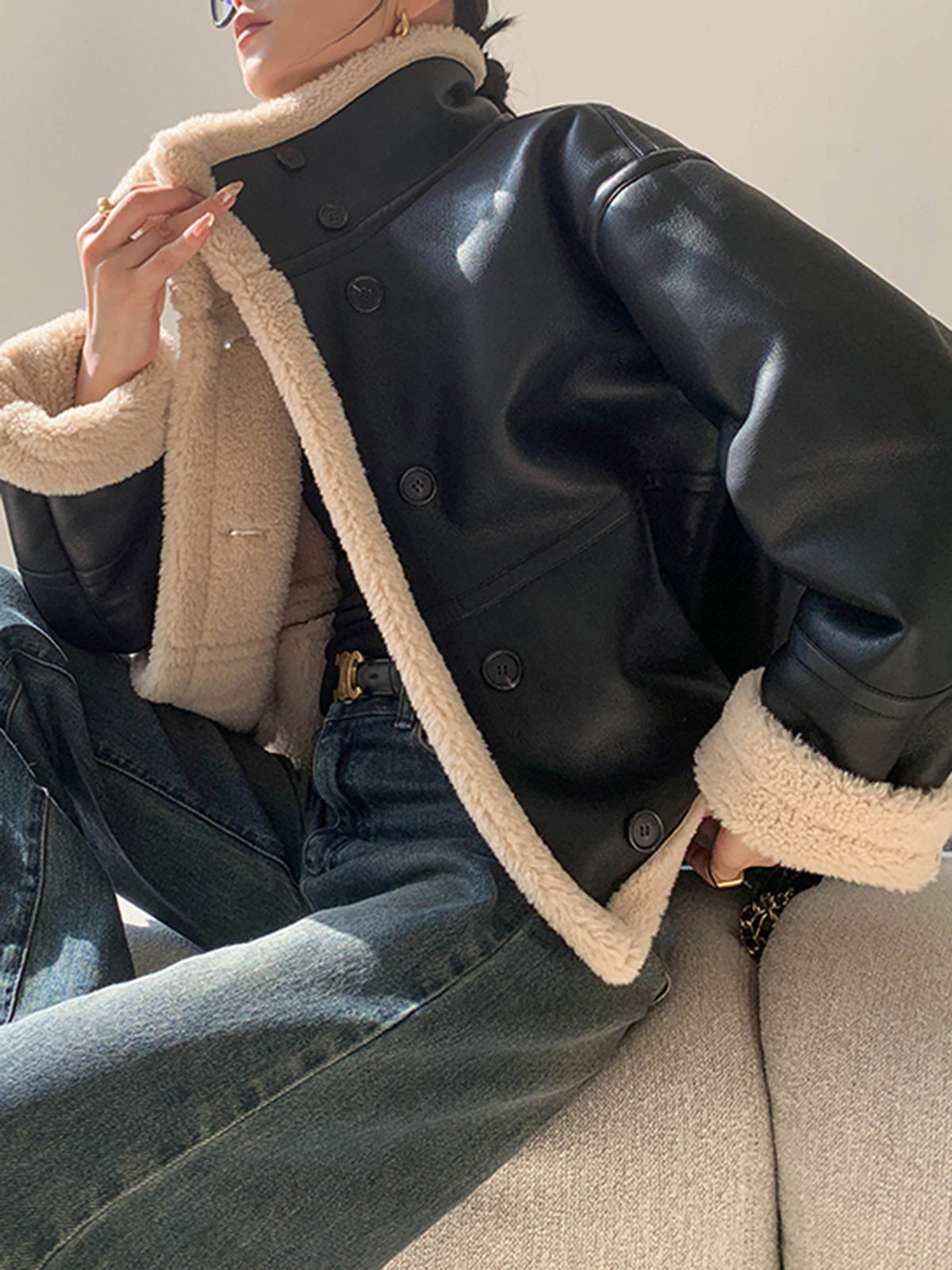 Fleece Lined Faux Leather Jacket-Chicvia