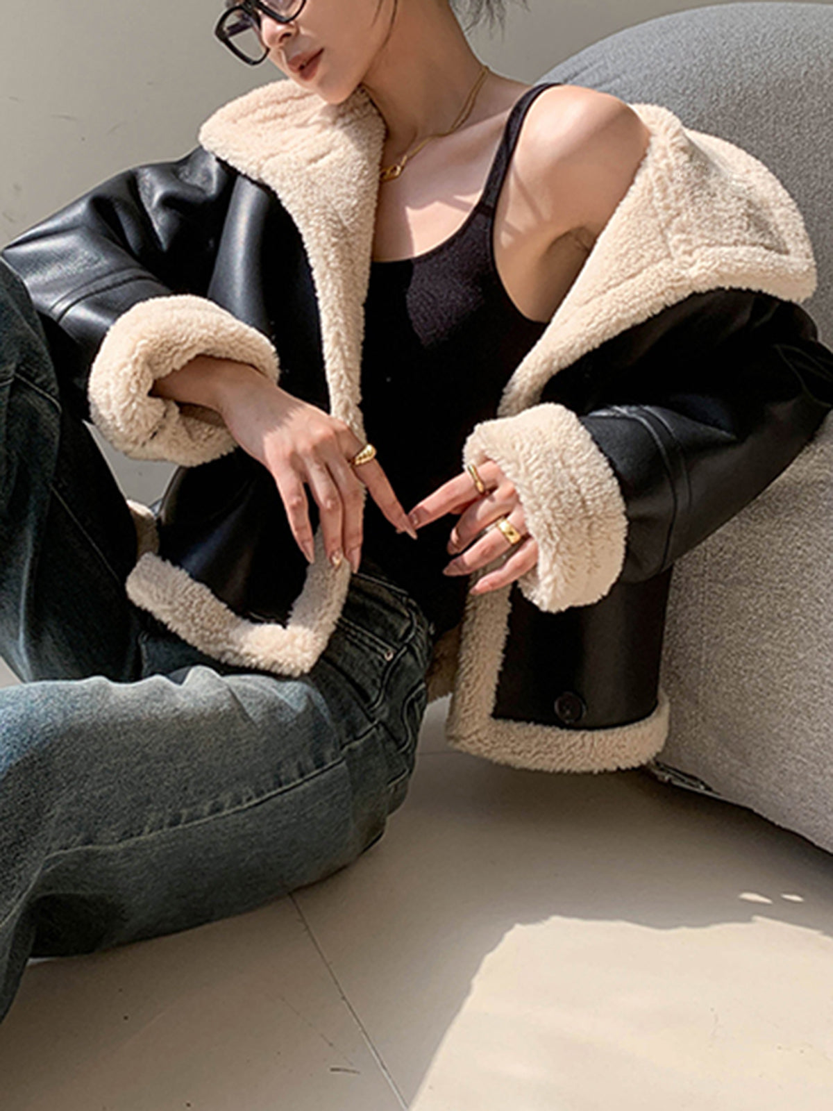 Fleece Lined Faux Leather Jacket-Chicvia