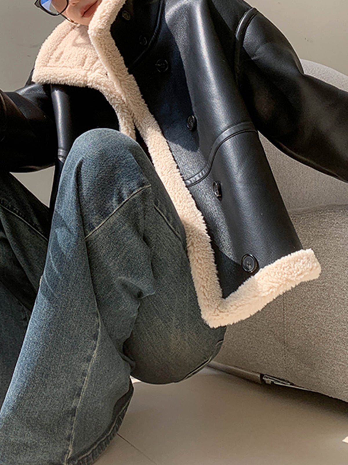 Fleece Lined Faux Leather Jacket-Chicvia