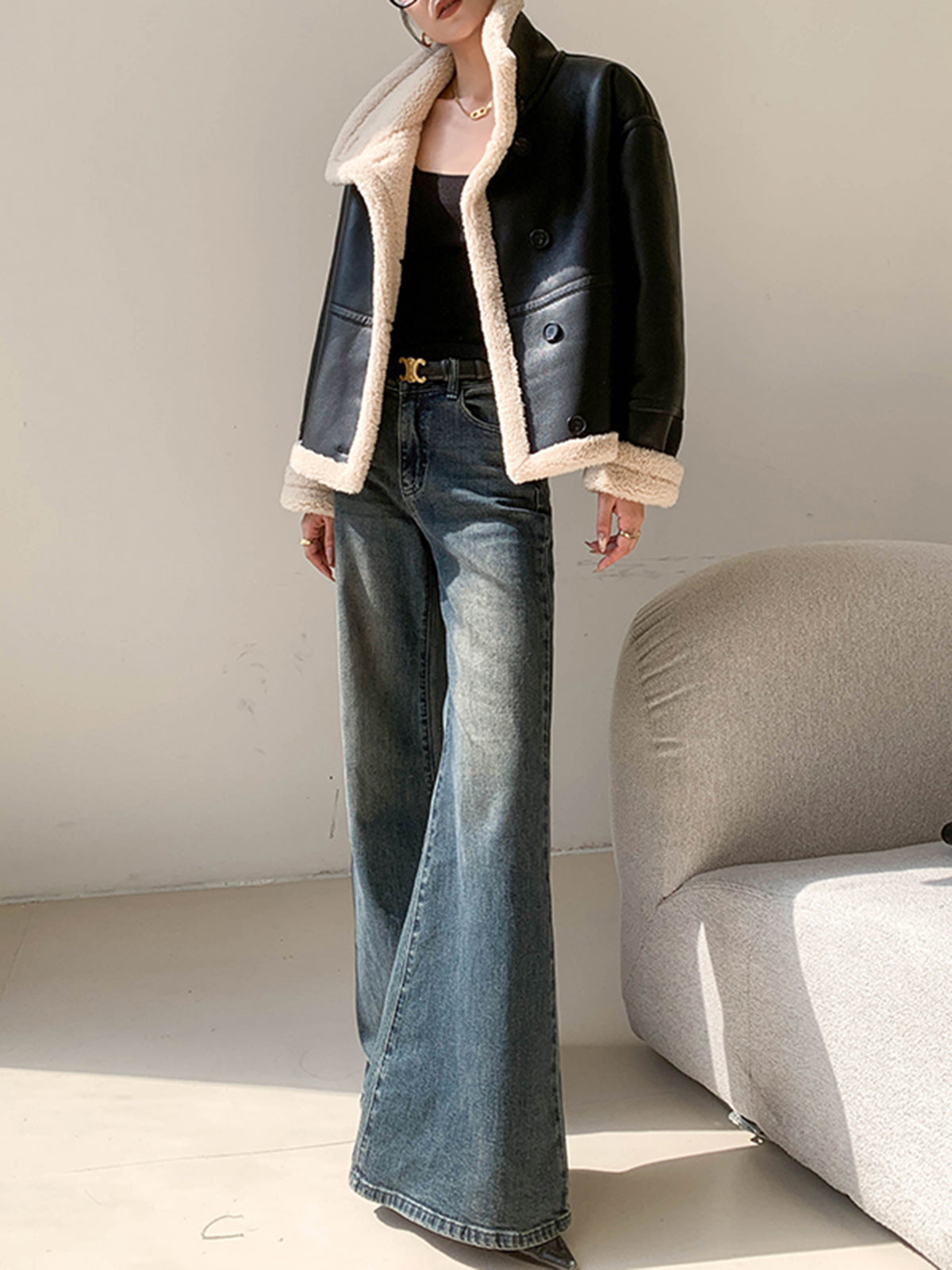 Fleece Lined Faux Leather Jacket-Chicvia