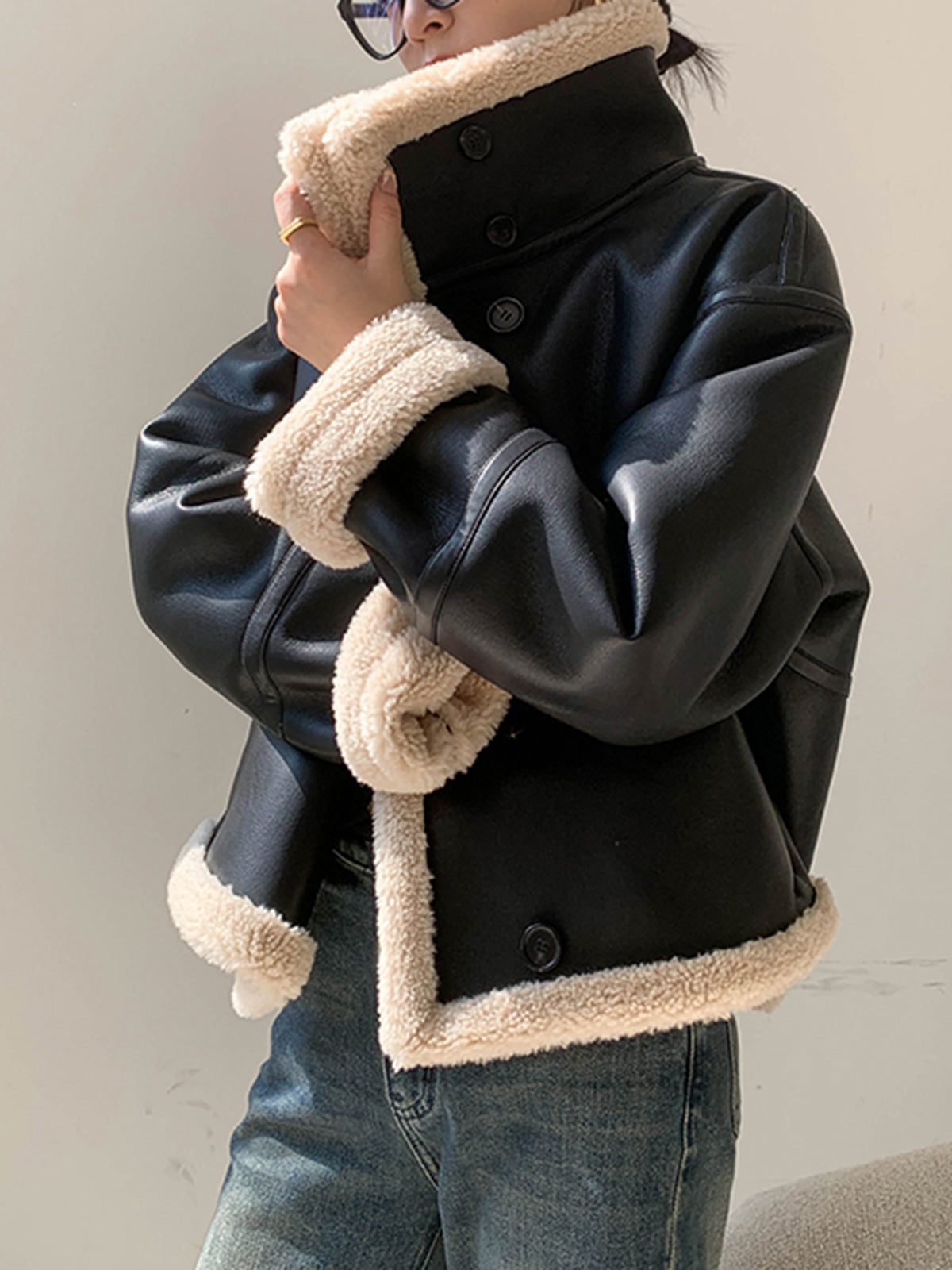 Fleece Lined Faux Leather Jacket-Chicvia