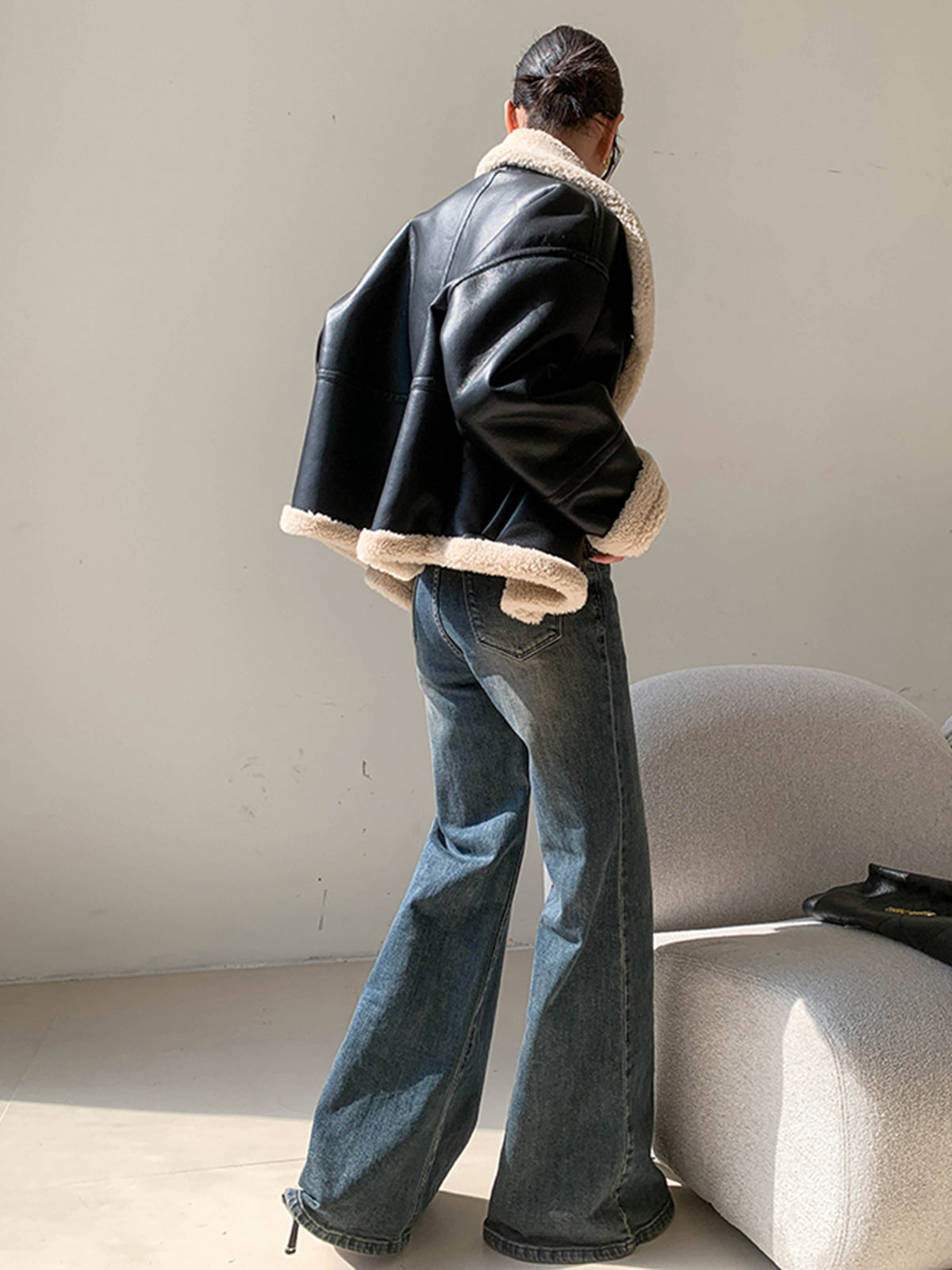 Fleece Lined Faux Leather Jacket-Chicvia