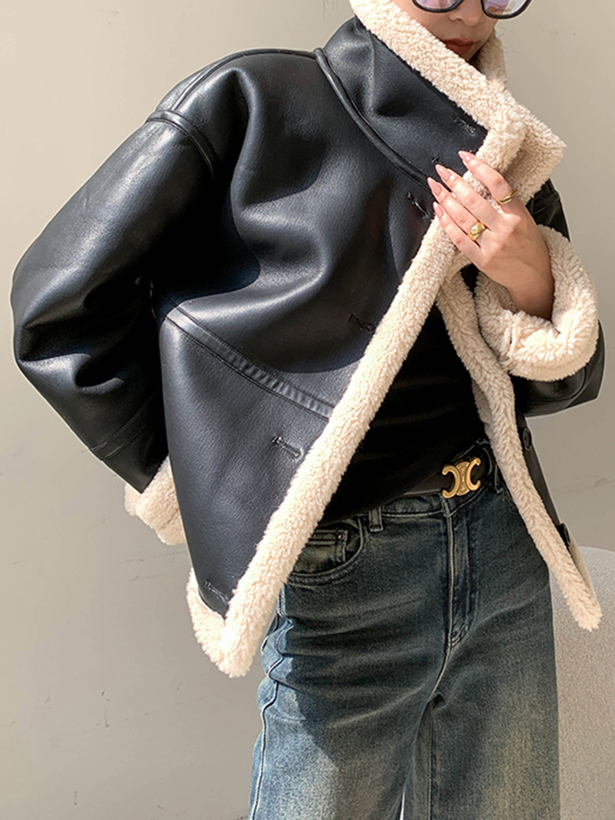 Fleece Lined Faux Leather Jacket-Chicvia