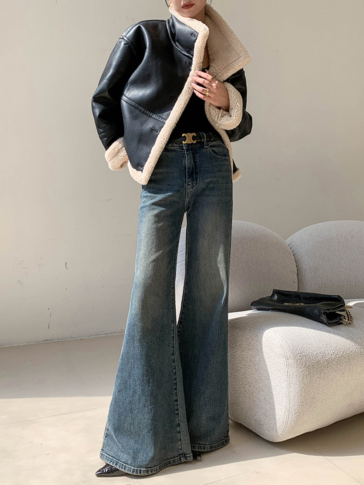 Fleece Lined Faux Leather Jacket-Chicvia