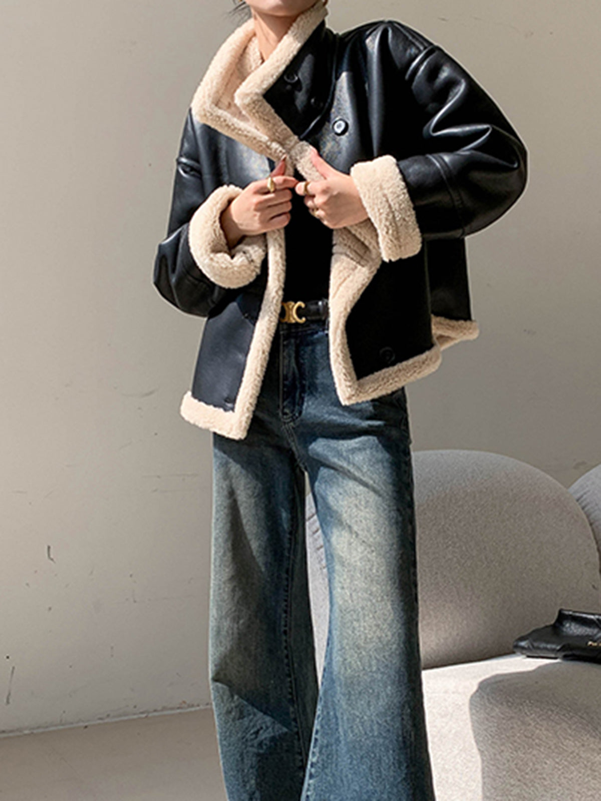 Fleece Lined Faux Leather Jacket-Chicvia