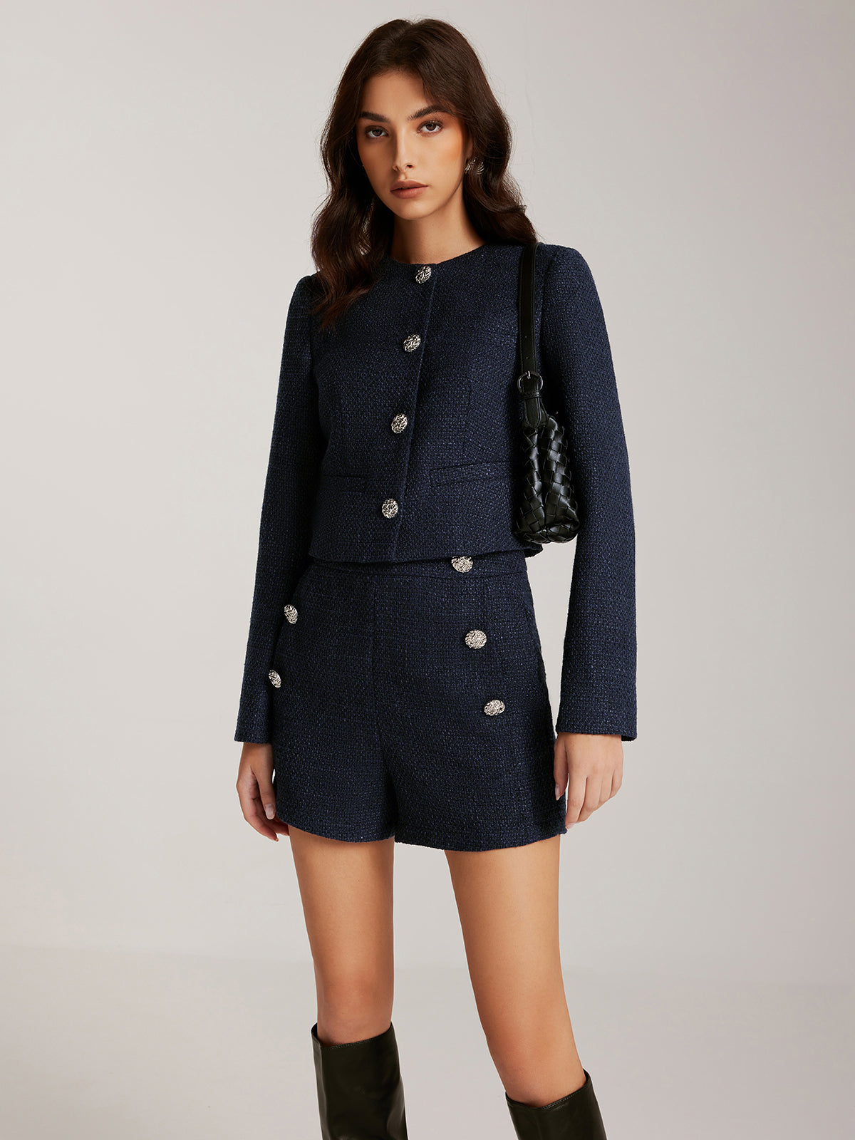 Button Decor Tweed Shorts-Chicvia