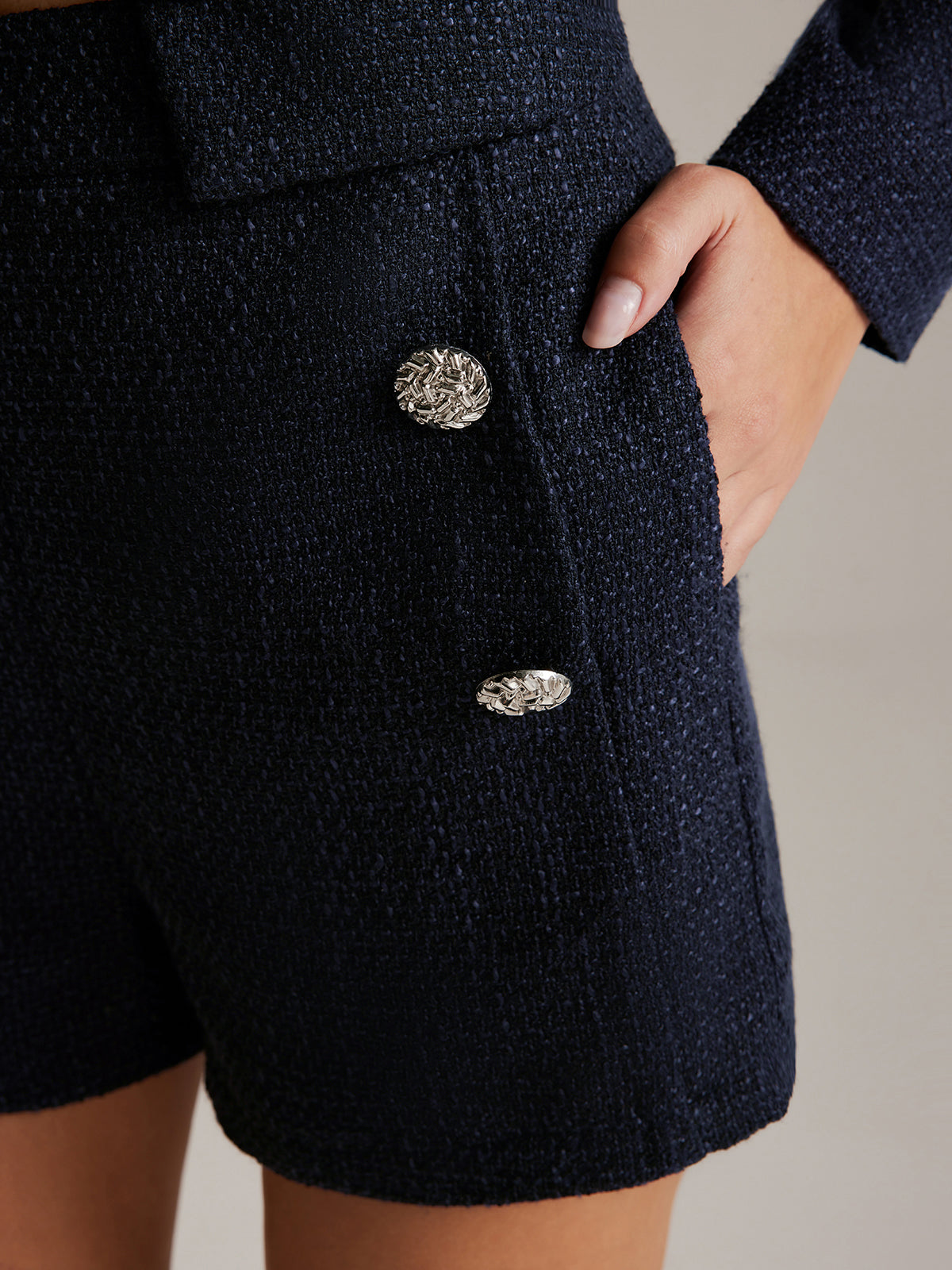 Button Decor Tweed Shorts-Chicvia