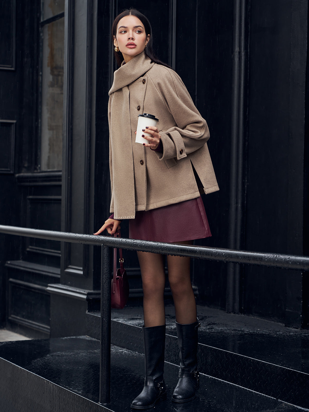 Pleated Jacket With Matching Button Scarf-Chicvia